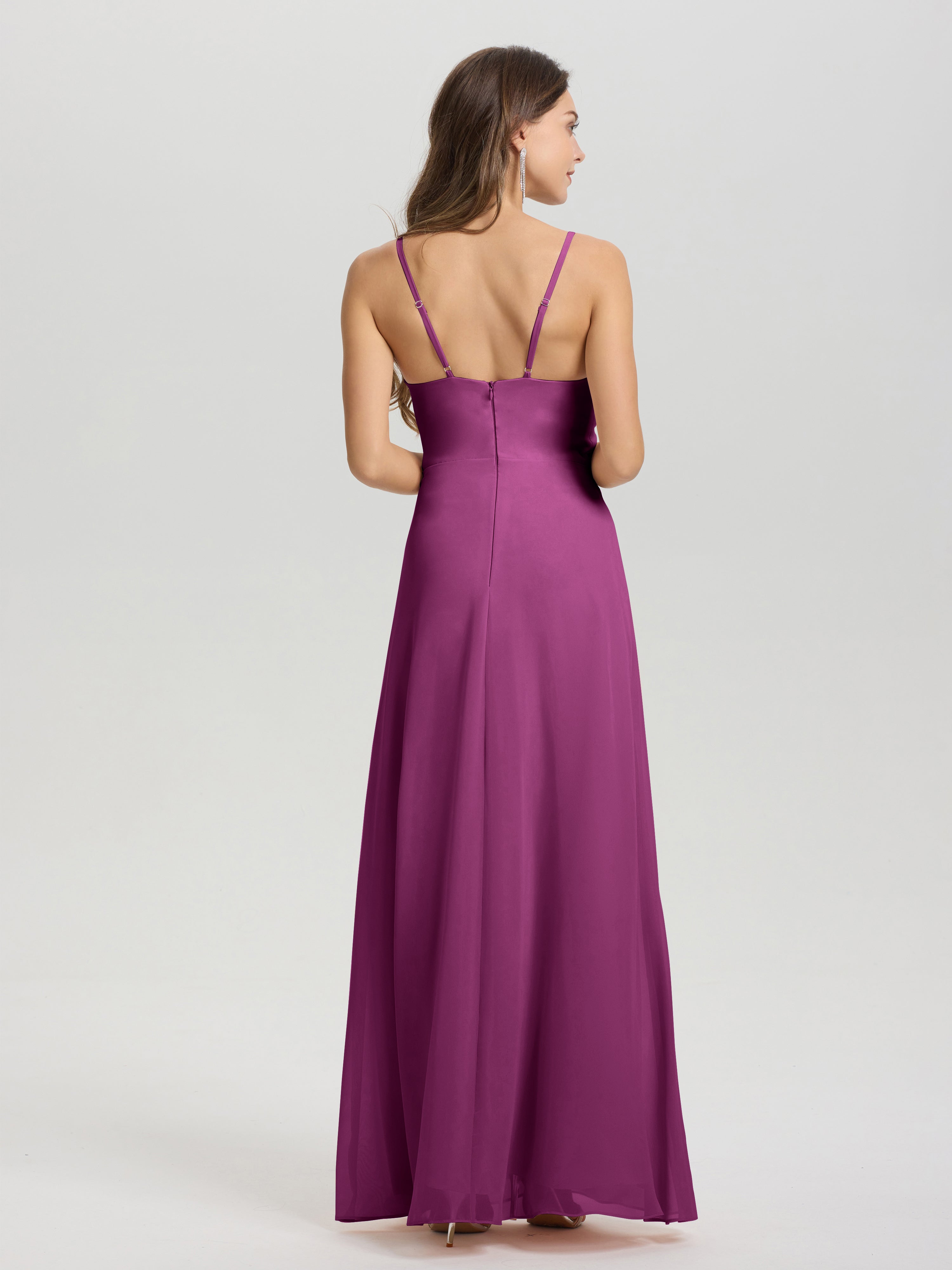 Robes De Demoiselle D'Honneur Orchidée Col V Fendue Trapèze Mousseline Robe Demoiselle D'Honneur Avec Plisée Devant