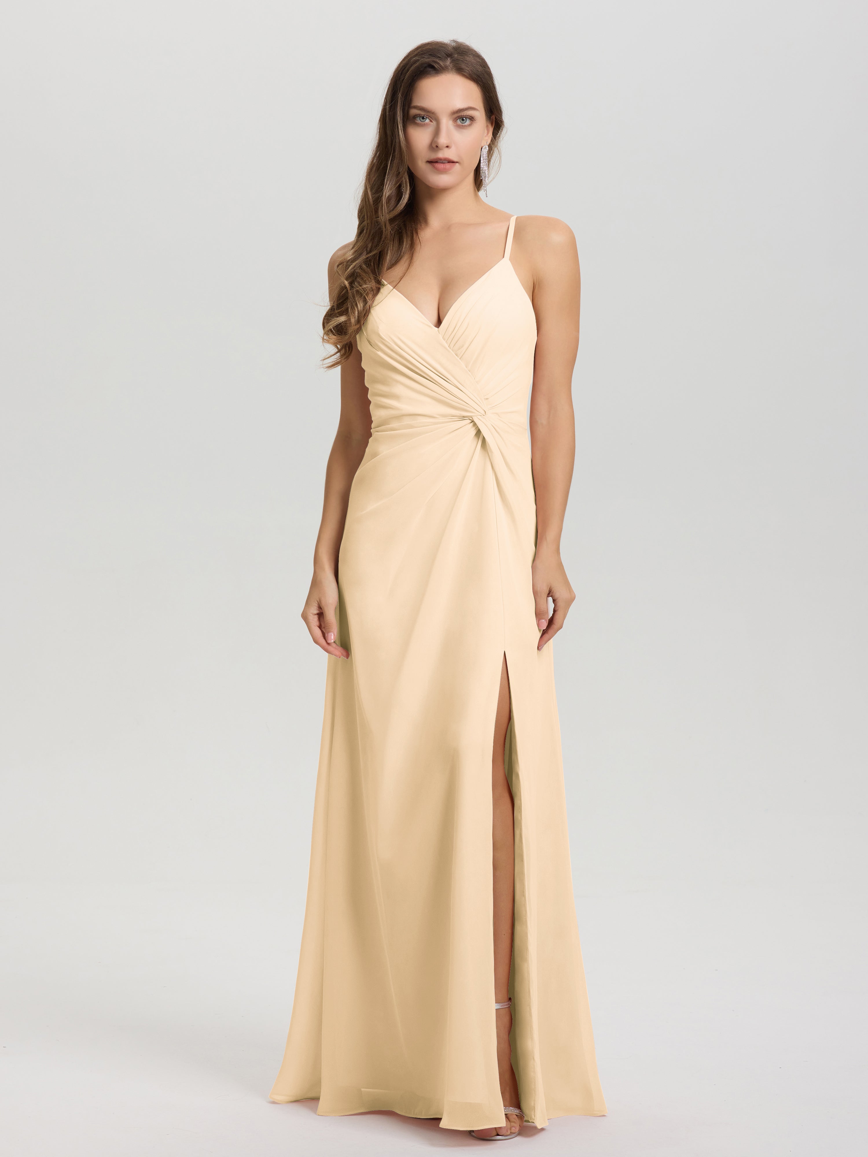 Robes De Demoiselle D'Honneur Rose Pêche Col V Fendue Trapèze Mousseline Robe Demoiselle D'Honneur Avec Plisée Devant