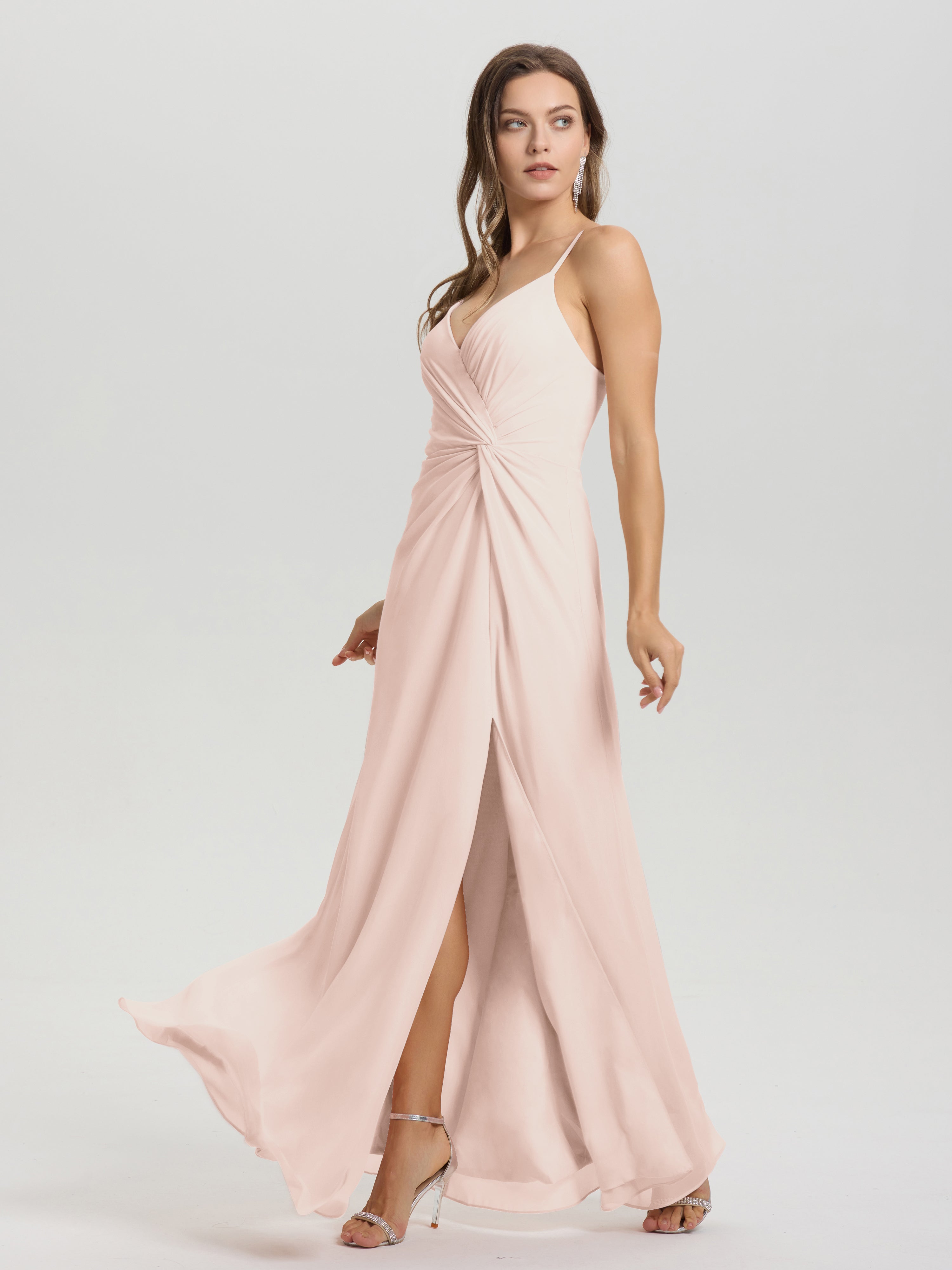 Robe De Demoiselle D'Honneur En Perles Col V Fendue Trapèze Mousseline Robe Demoiselle D'Honneur Avec Plisée Devant