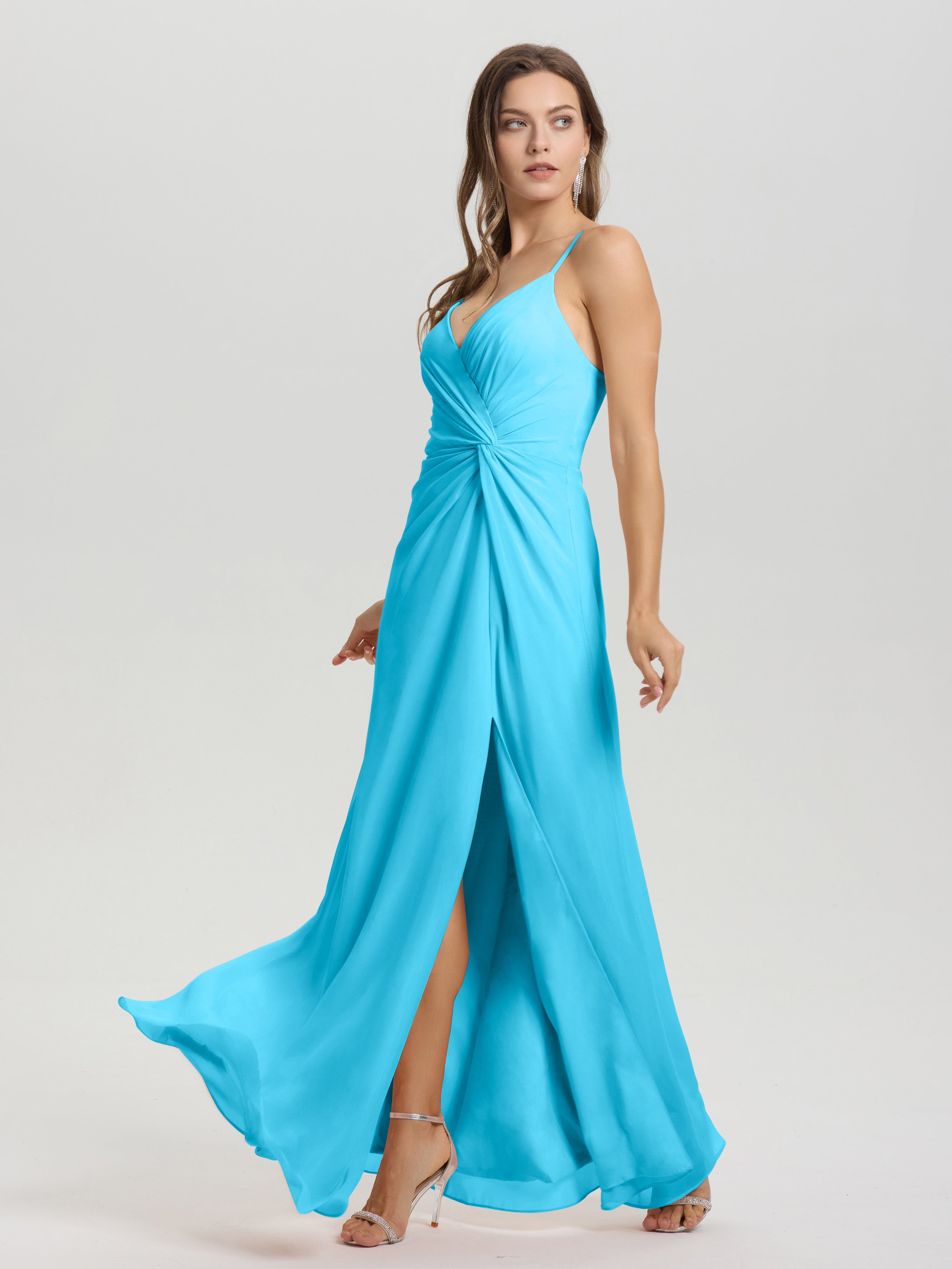 Robe De Demoiselle D'Honneur En Piscine Col V Fendue Trapèze Mousseline Robe Demoiselle D'Honneur Avec Plisée Devant