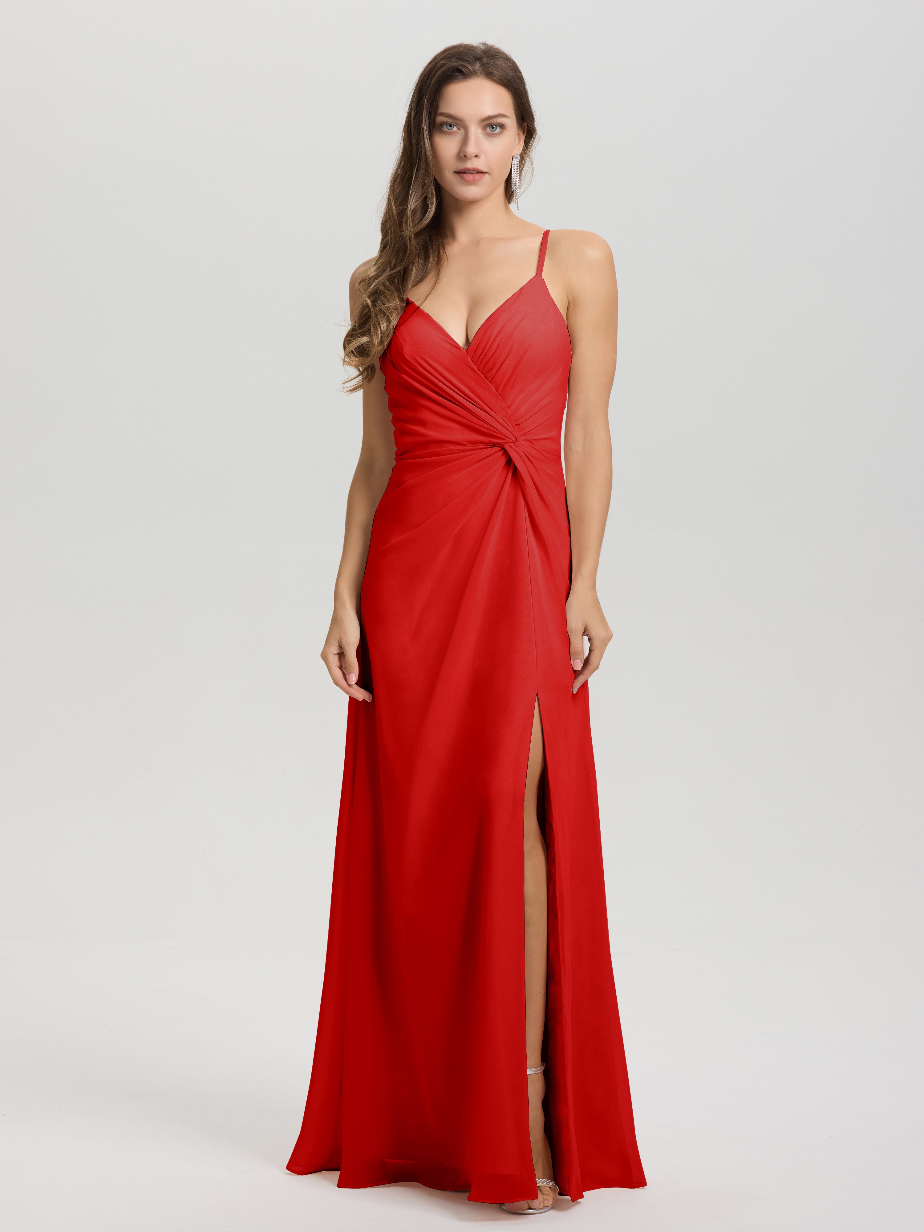 Robes De Demoiselle D'Honneur Rouges Col V Fendue Trapèze Mousseline Robe Demoiselle D'Honneur Avec Plisée Devant