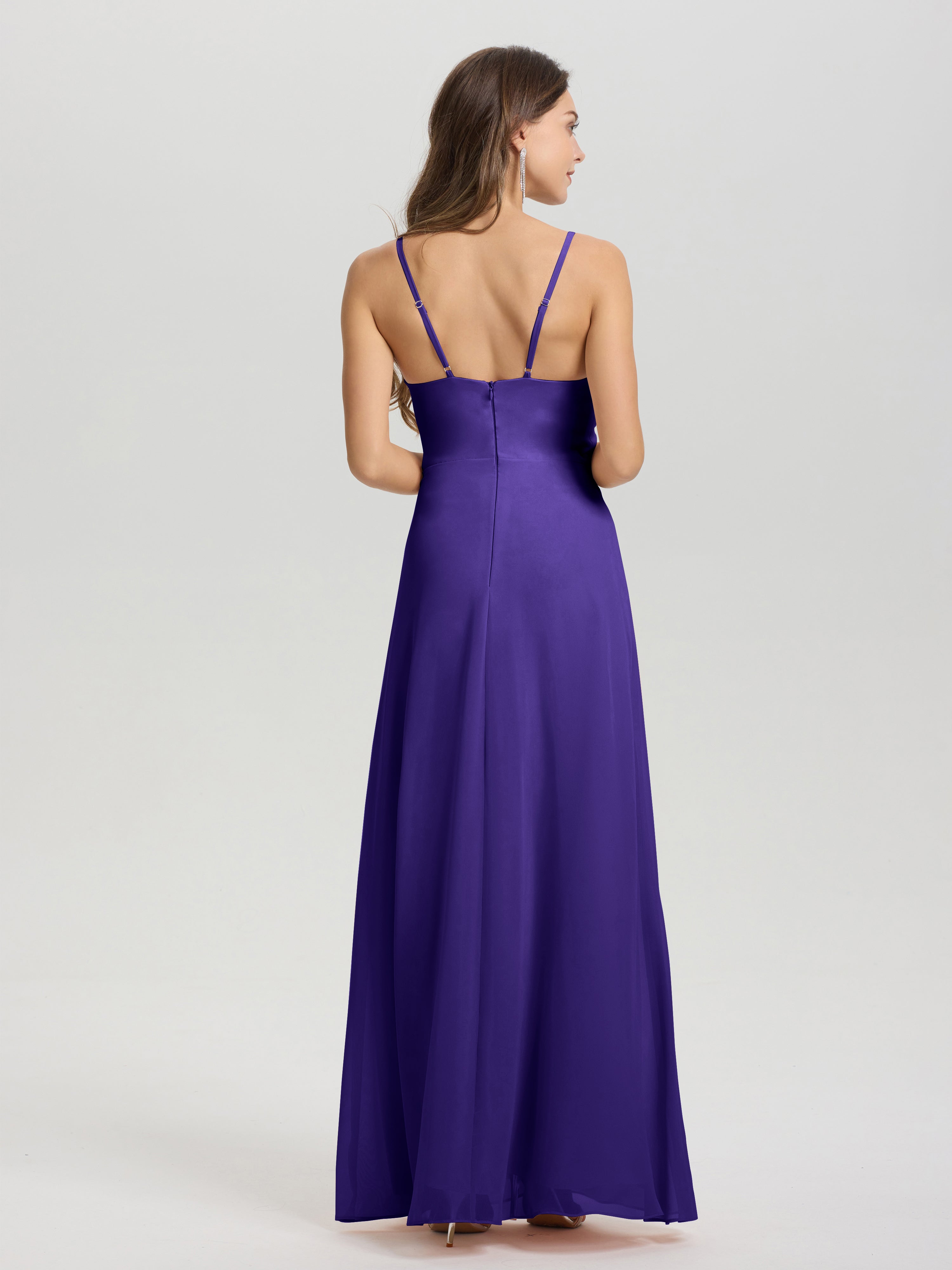 Robes De Demoiselle D'Honneur En Régence Col V Fendue Trapèze Mousseline Robe Demoiselle D'Honneur Avec Plisée Devant