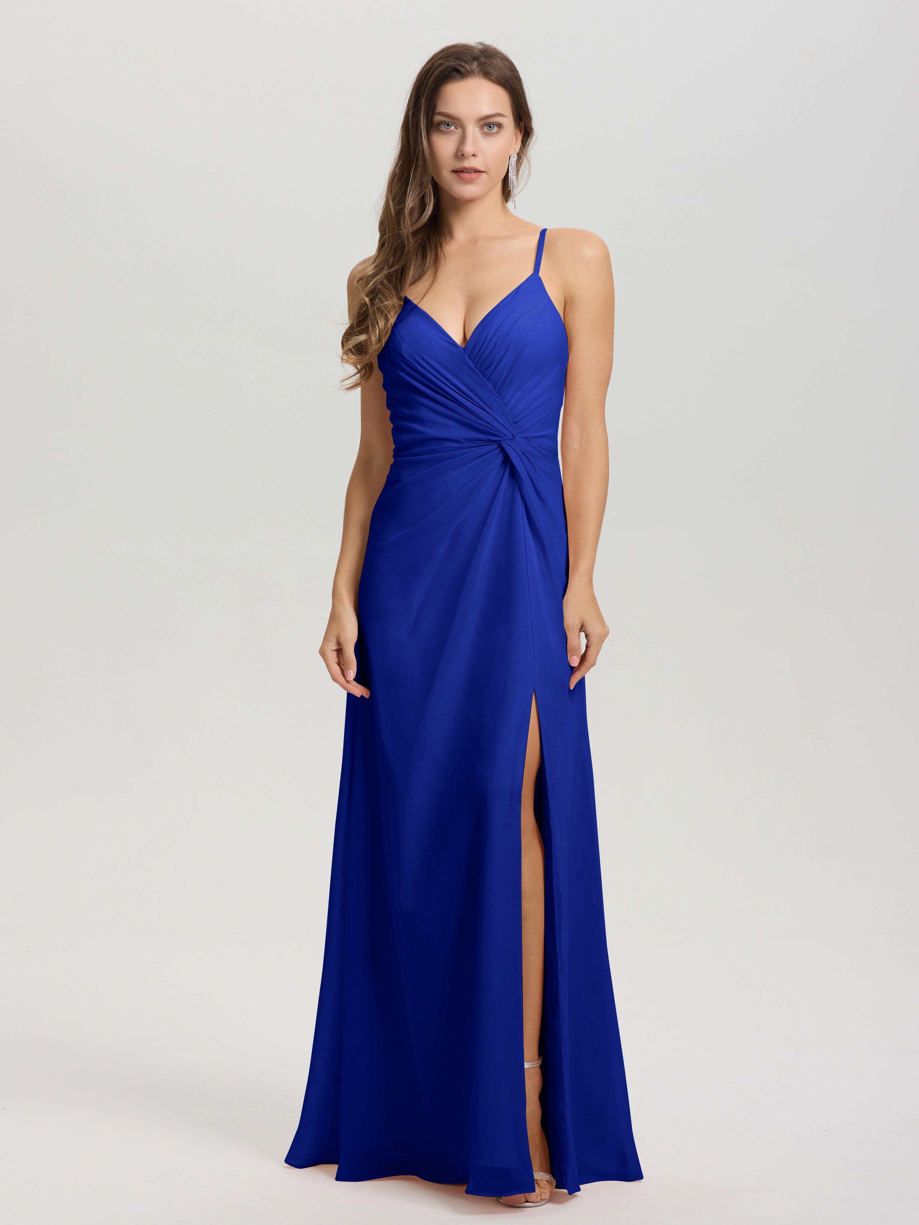 Long Robe Demoiselle D Honneur Bleu Roi Col V Fendue Trapèze Mousseline Robe Demoiselle D'Honneur Avec Plisée Devant