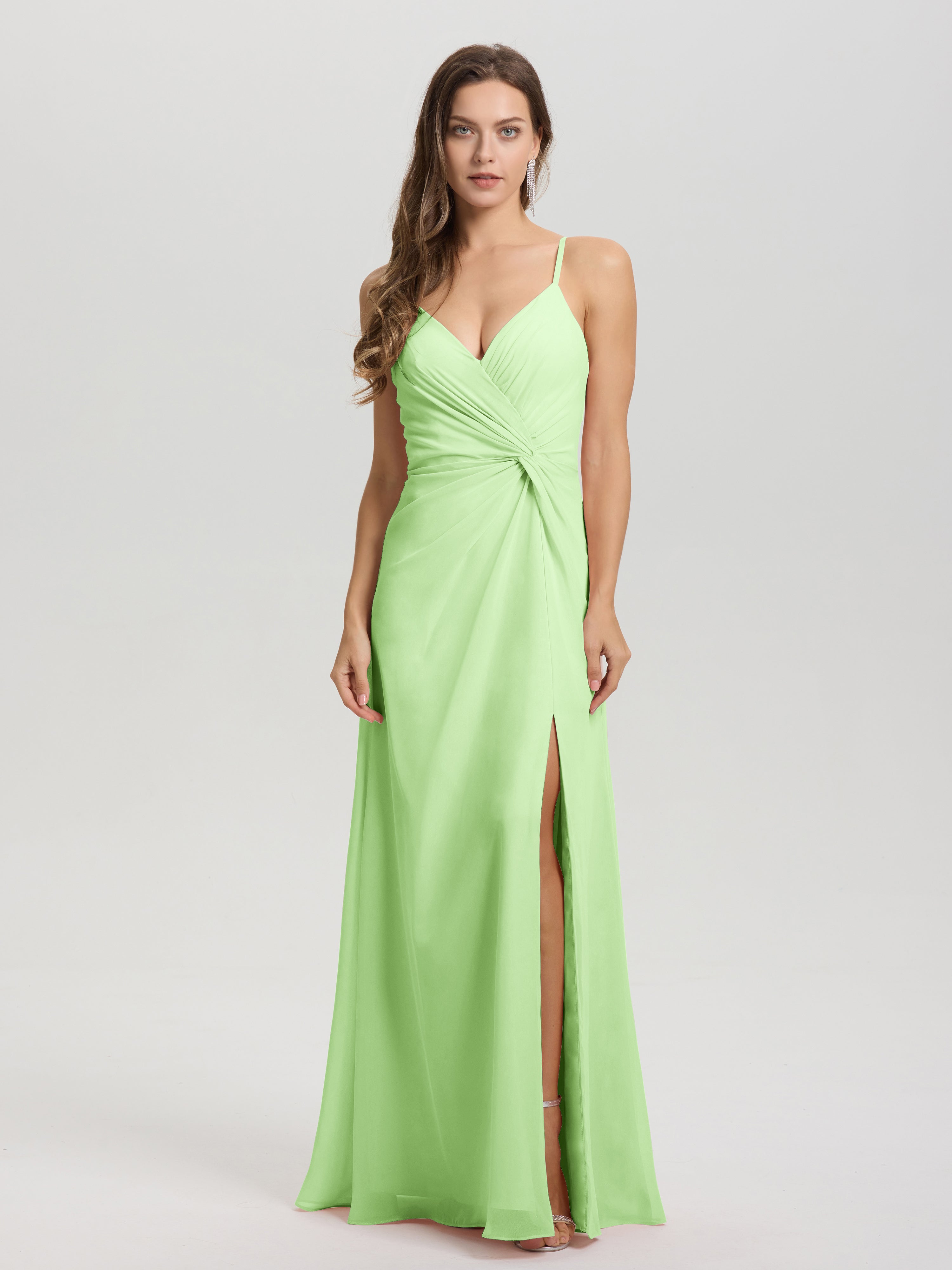 Robe Demoiselle D Honneur Vert Sauge Col V Fendue Trapèze Mousseline Robe Demoiselle D'Honneur Avec Plisée Devant