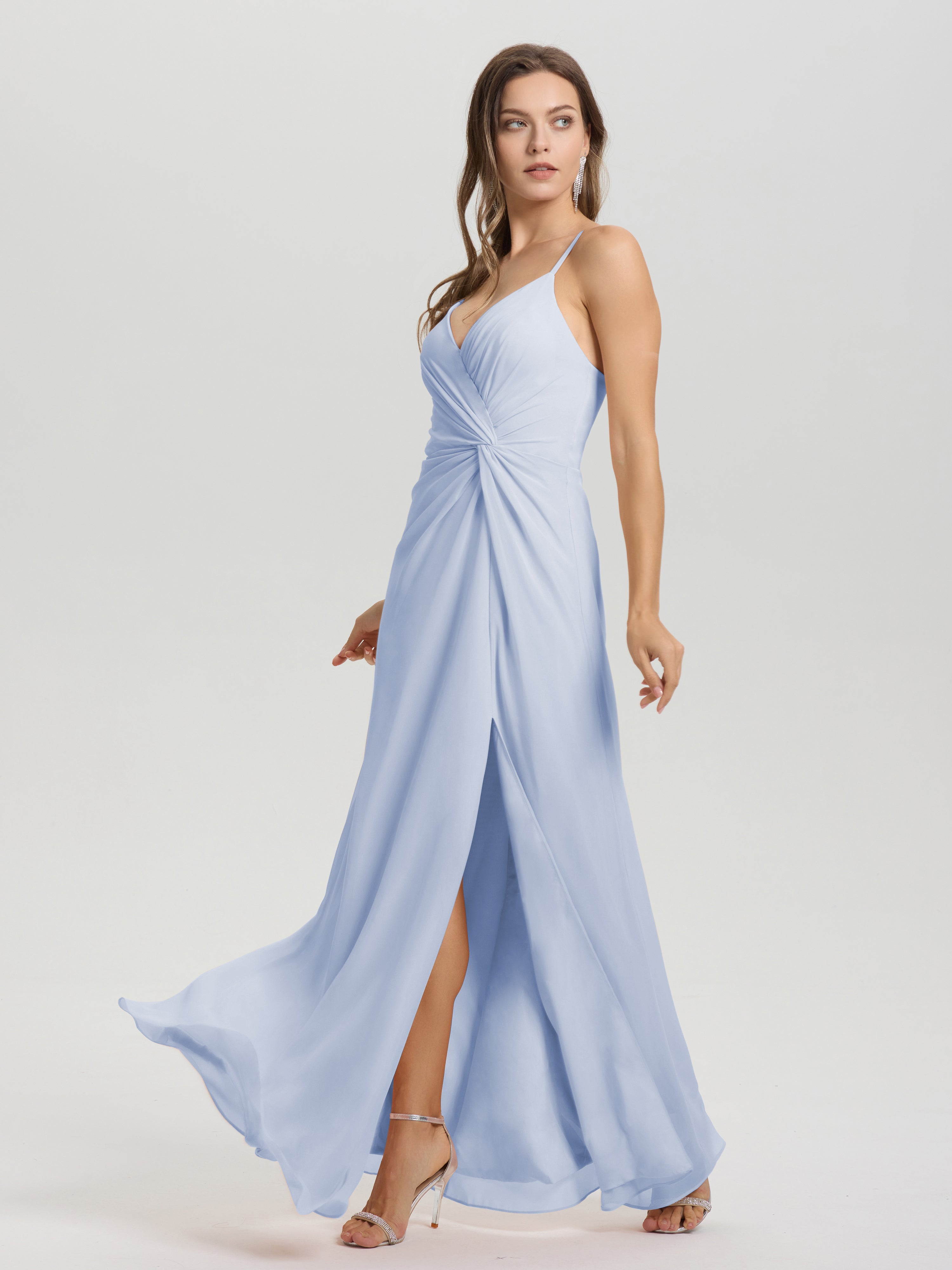 Robe De Demoiselle D Honneur Bleu Ciel Col V Fendue Trapèze Mousseline Robe Demoiselle D'Honneur Avec Plisée Devant