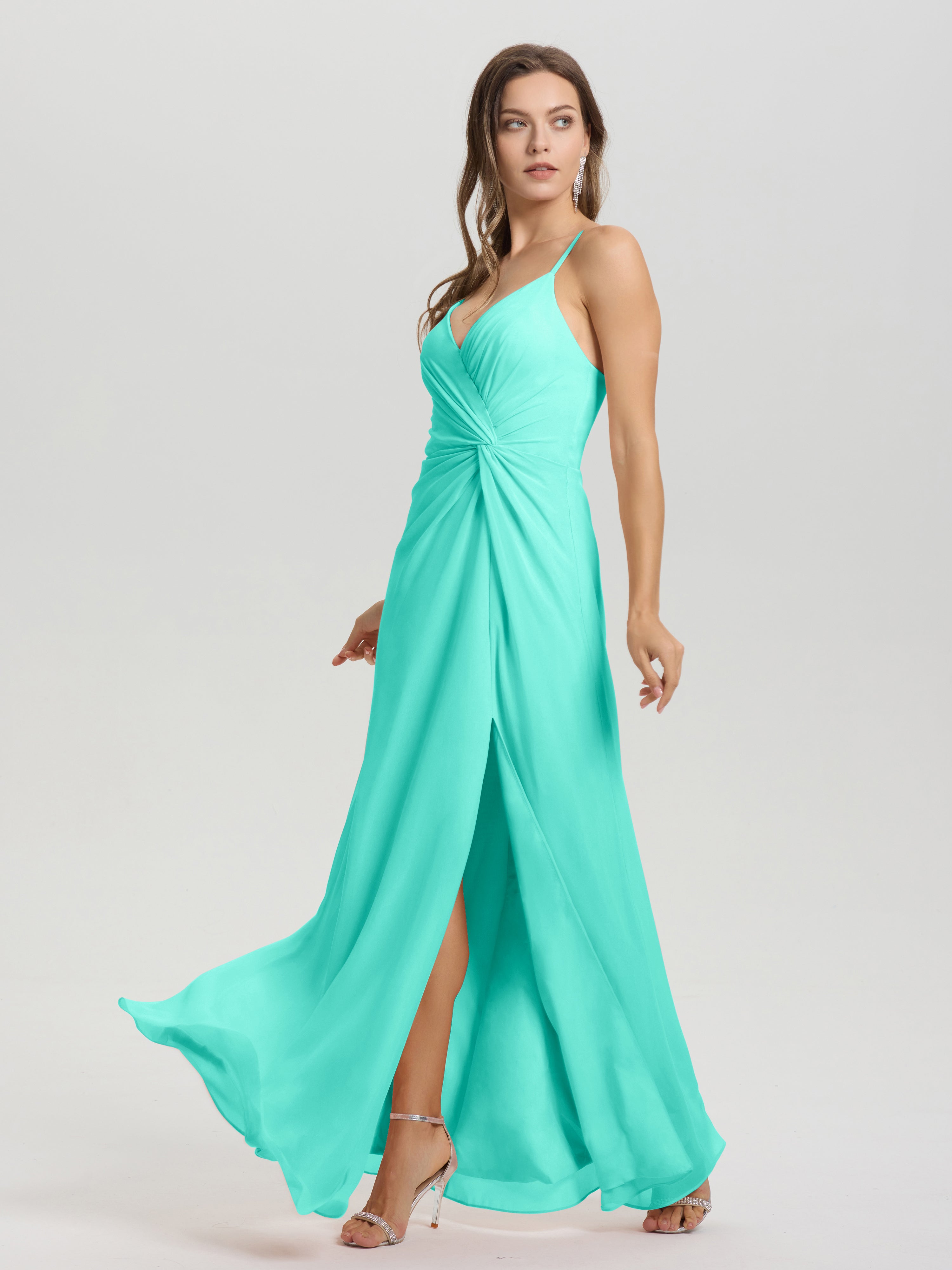 Robes De Demoiselle D'Honneur Spa Col V Fendue Trapèze Mousseline Robe Demoiselle D'Honneur Avec Plisée Devant