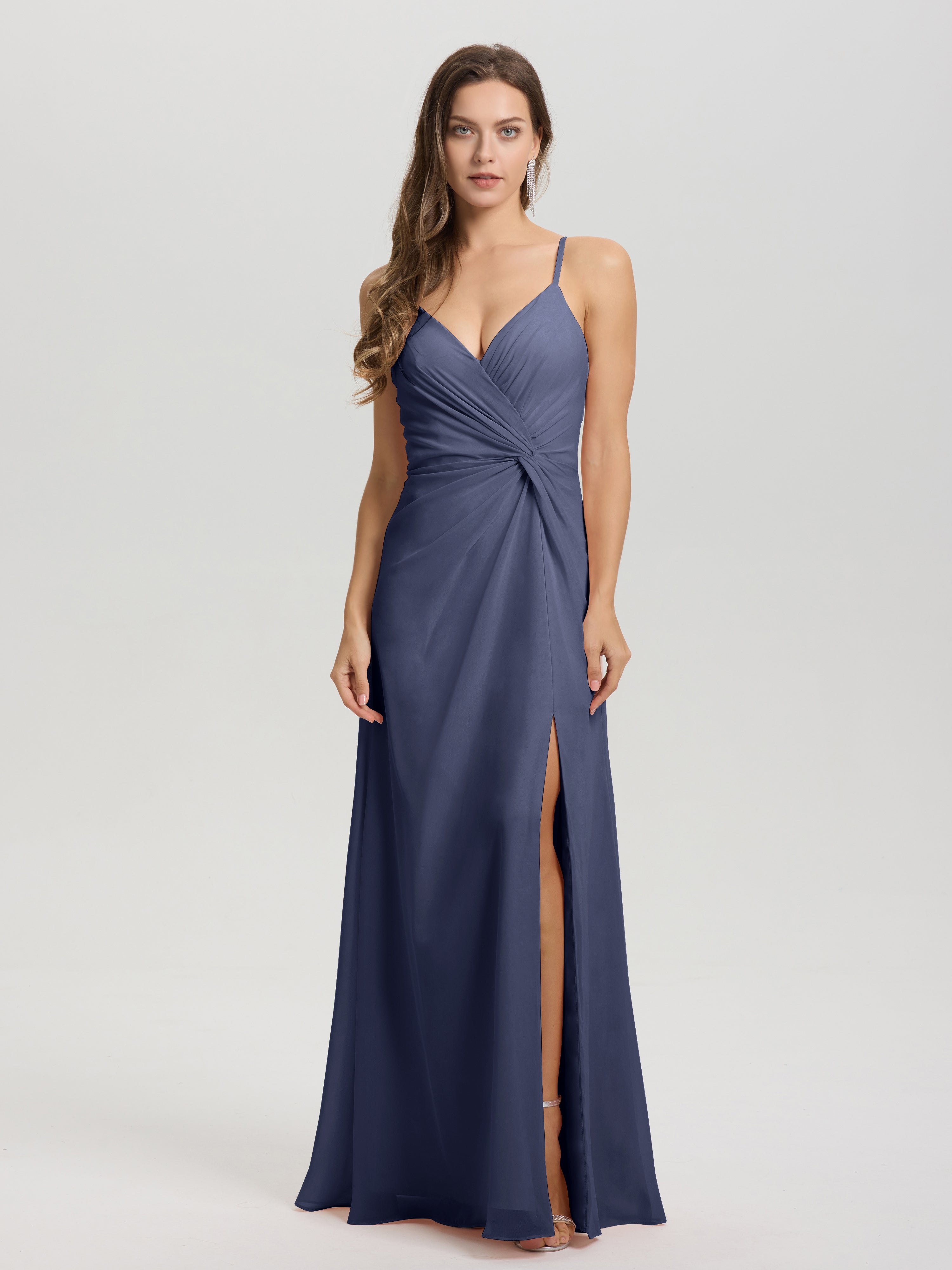 Robes De Demoiselle D'Honneur Bleu Orageux Col V Fendue Trapèze Mousseline Robe Demoiselle D'Honneur Avec Plisée Devant