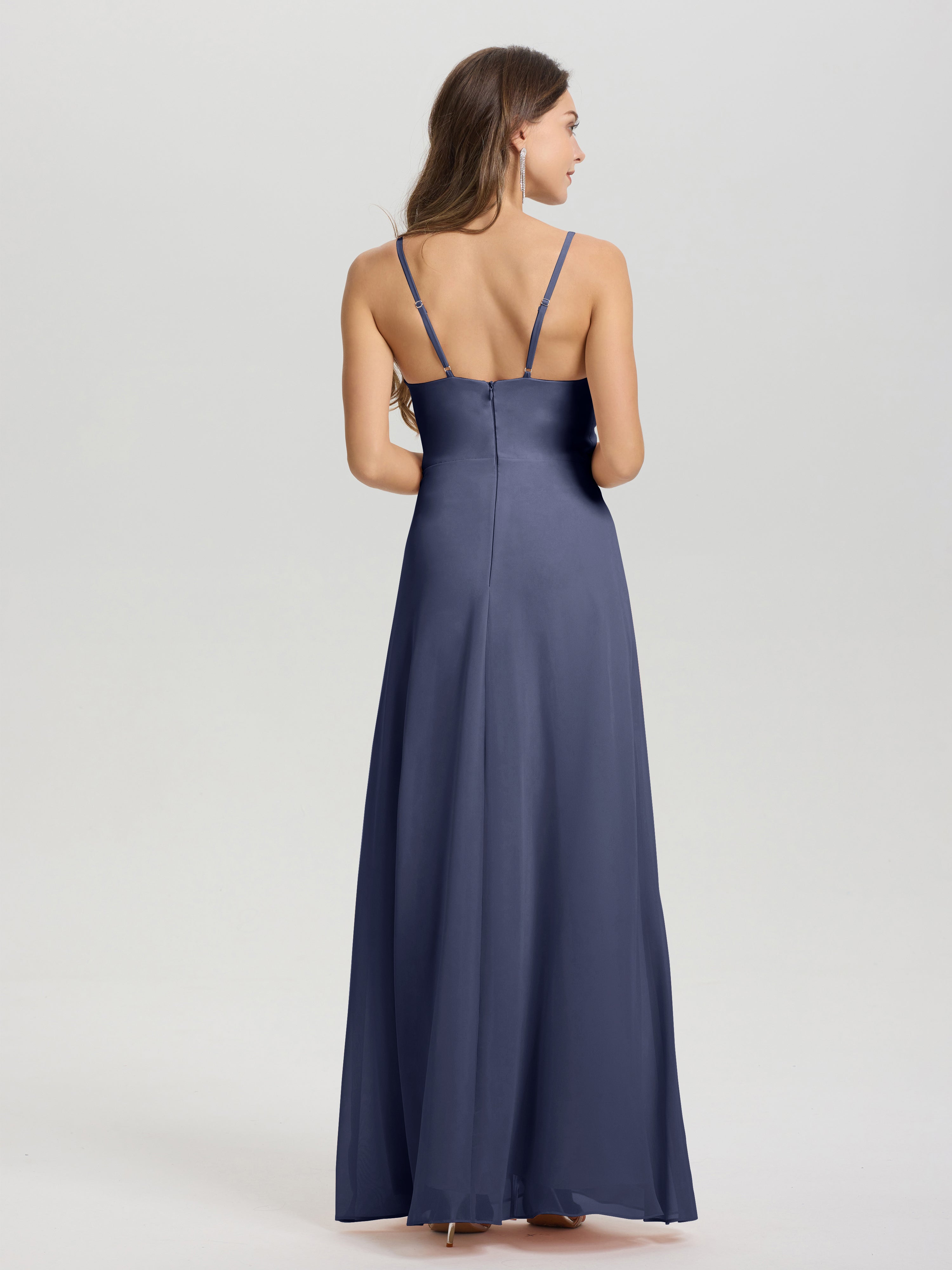 Robes De Demoiselle D'Honneur Bleu Orageux Col V Fendue Trapèze Mousseline Robe Demoiselle D'Honneur Avec Plisée Devant