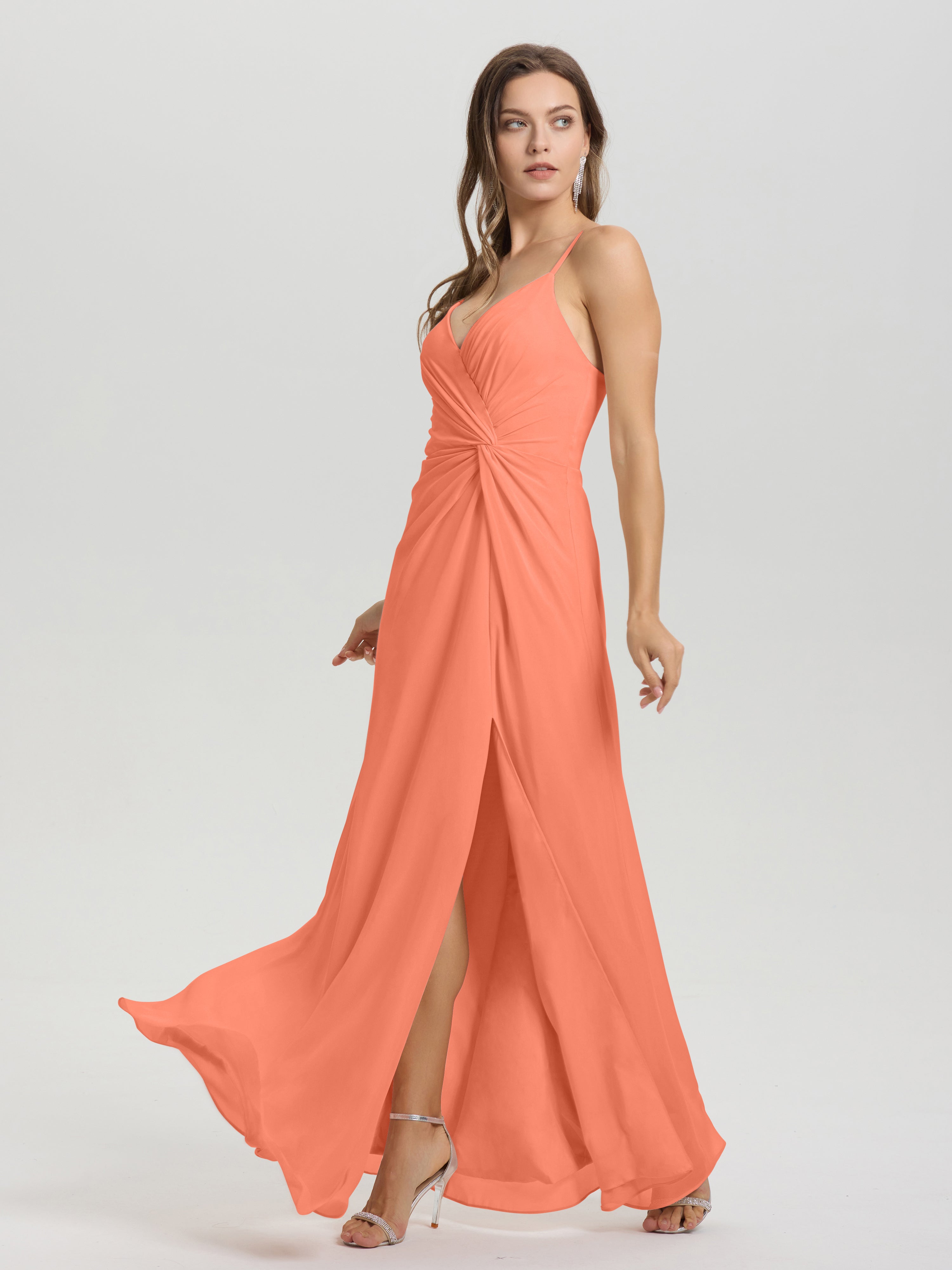 Robes De Demoiselle D'Honneur Coucher De Soleil Col V Fendue Trapèze Mousseline Robe Demoiselle D'Honneur Avec Plisée Devant