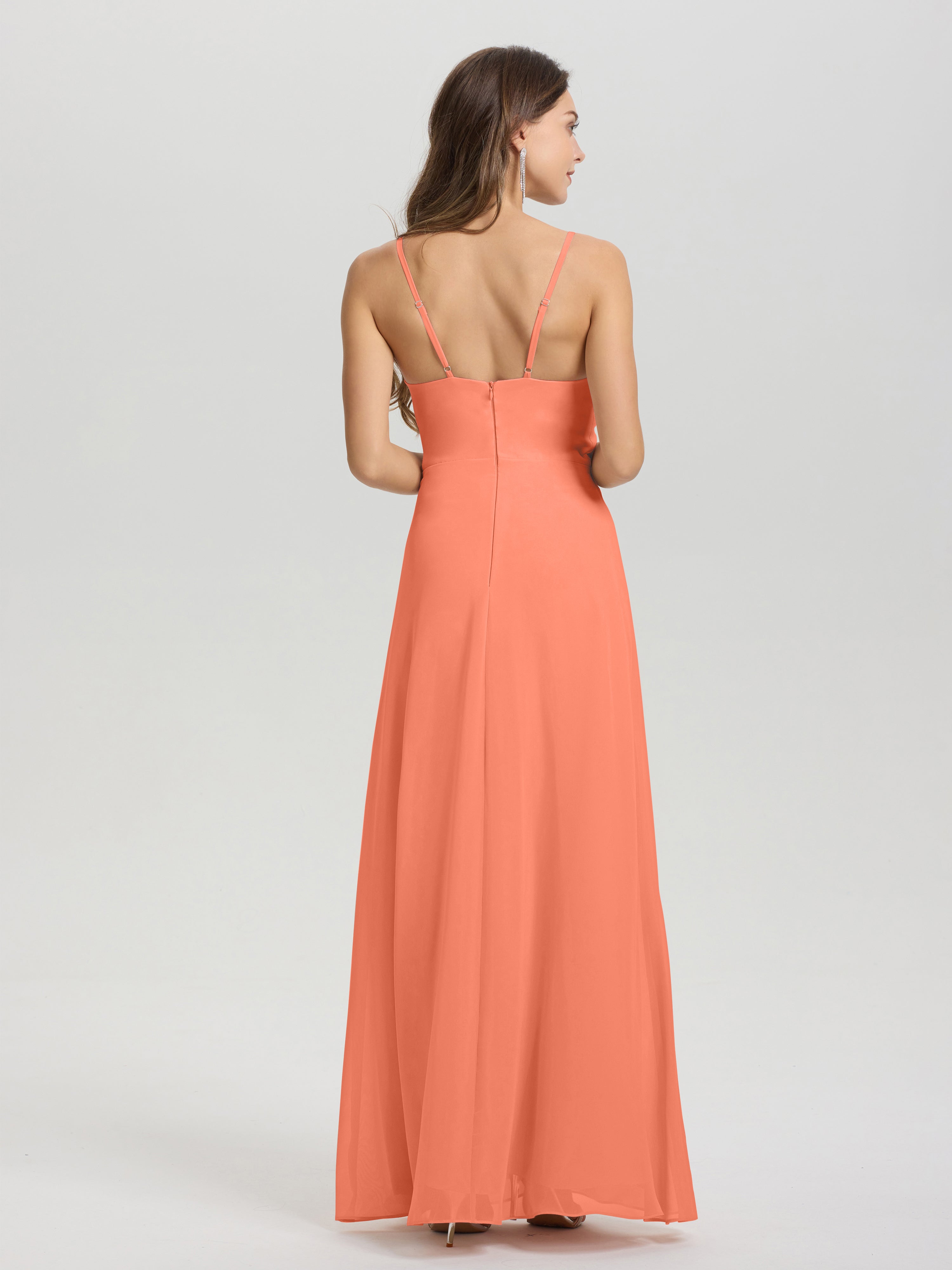 Robes De Demoiselle D'Honneur Coucher De Soleil Col V Fendue Trapèze Mousseline Robe Demoiselle D'Honneur Avec Plisée Devant