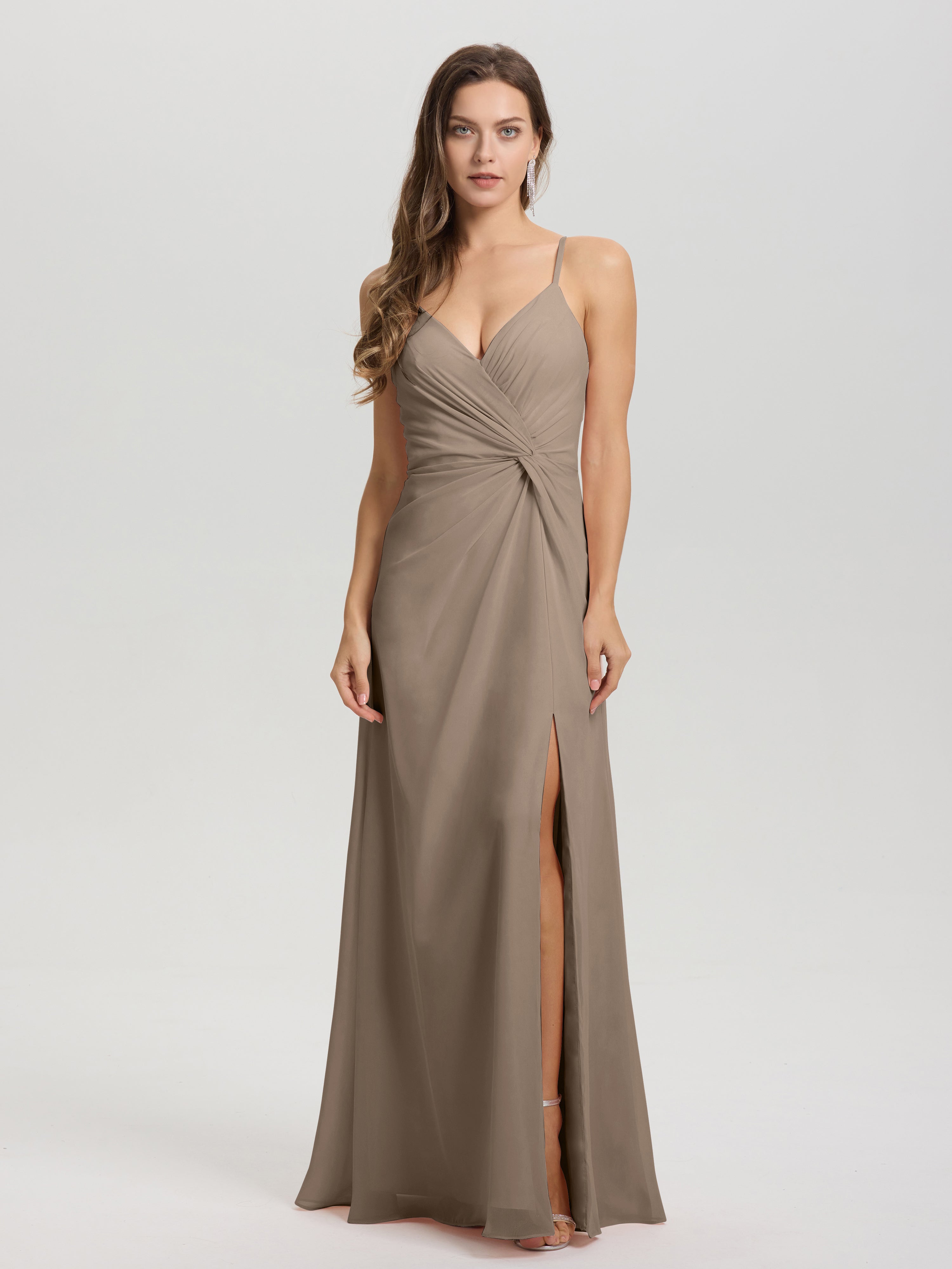 Robe De Couleur Taupe Col V Fendue Trapèze Mousseline Robe Demoiselle D'Honneur Avec Plisée Devant