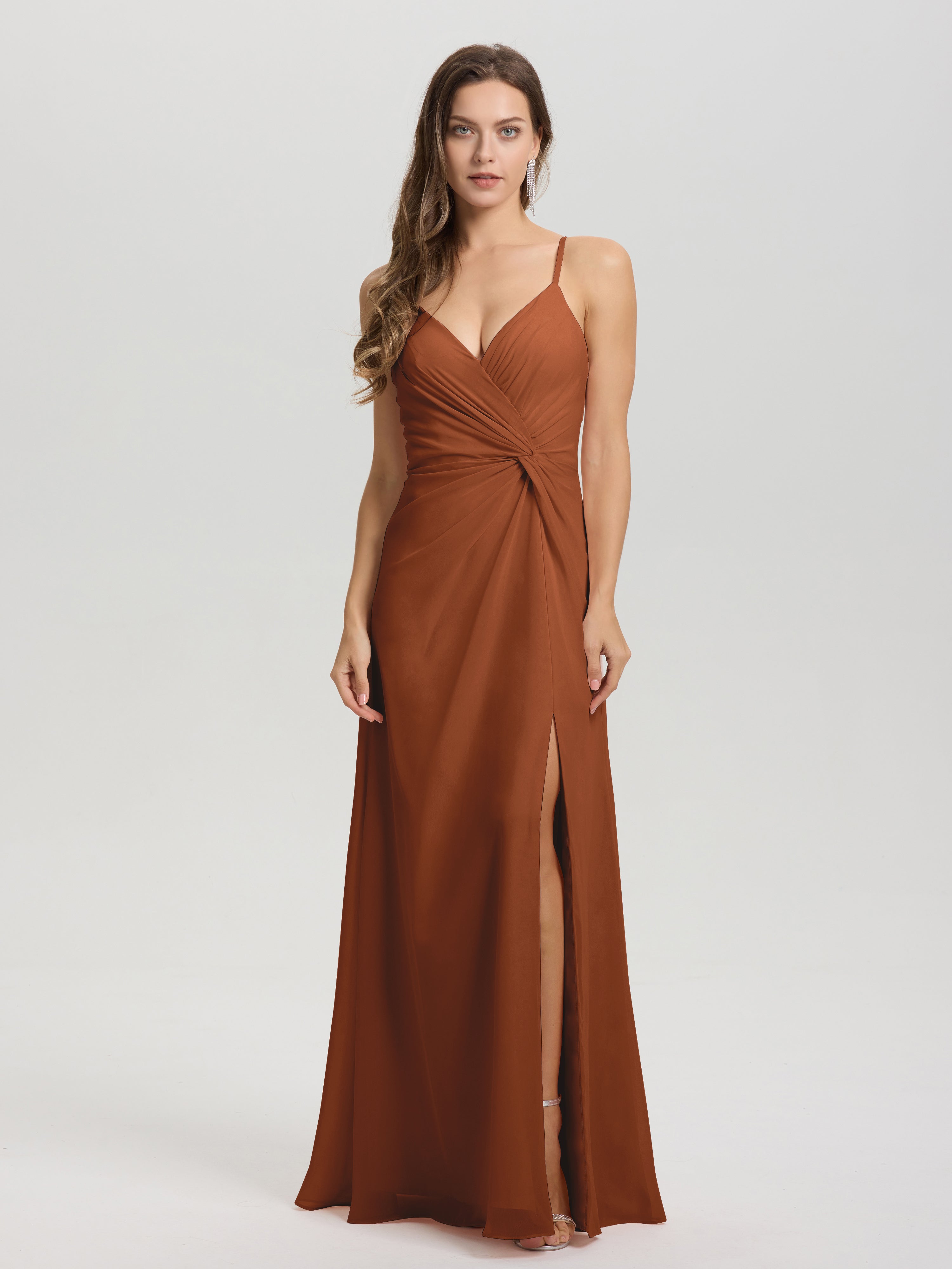 Robes Demoiselle D Honneur Terracotta Col V Fendue Trapèze Mousseline Robe Demoiselle D'Honneur Avec Plisée Devant