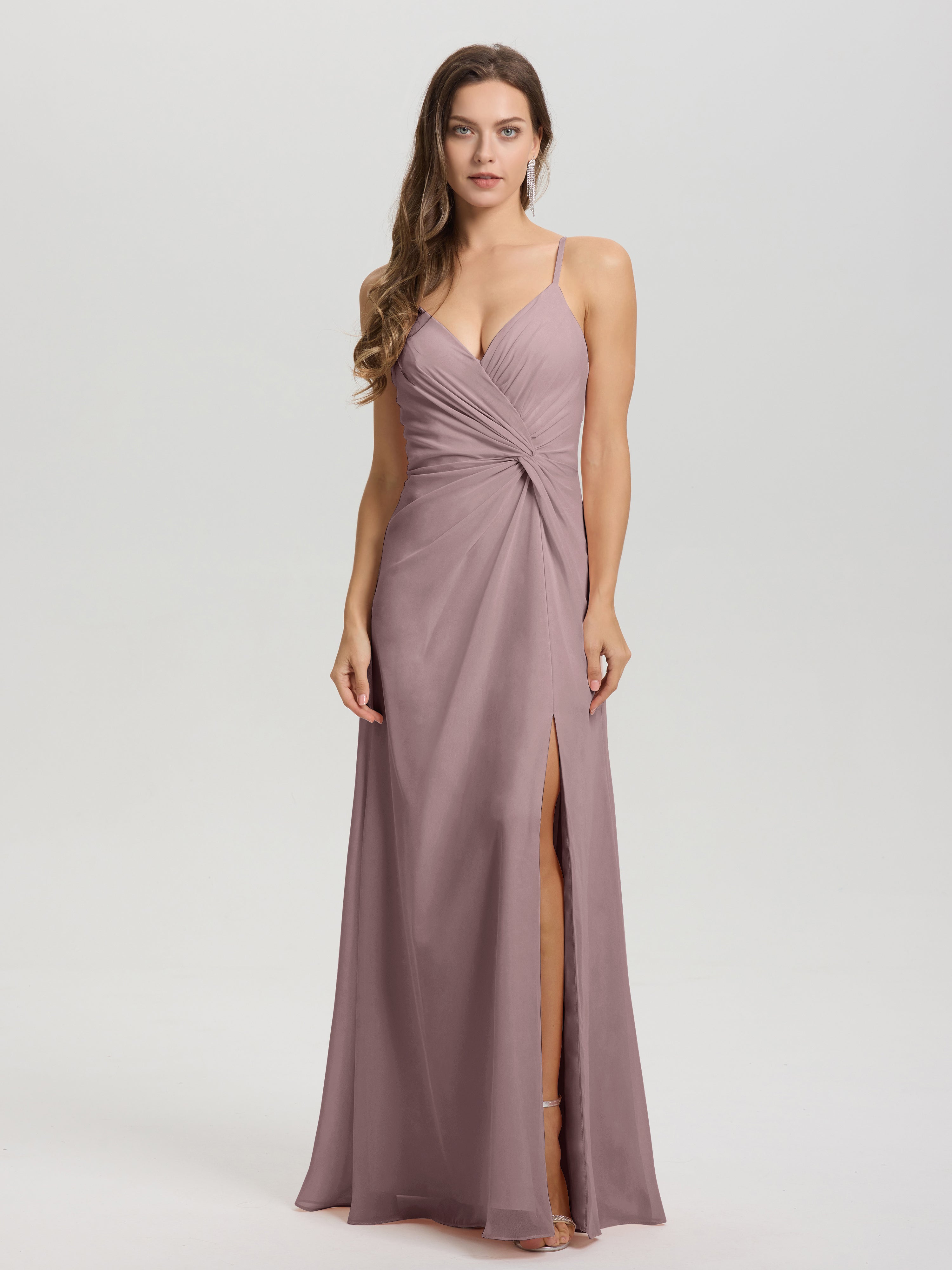 Robes De Demoiselle D'Honneur Vintage Mauve Col V Fendue Trapèze Mousseline Robe Demoiselle D'Honneur Avec Plisée Devant