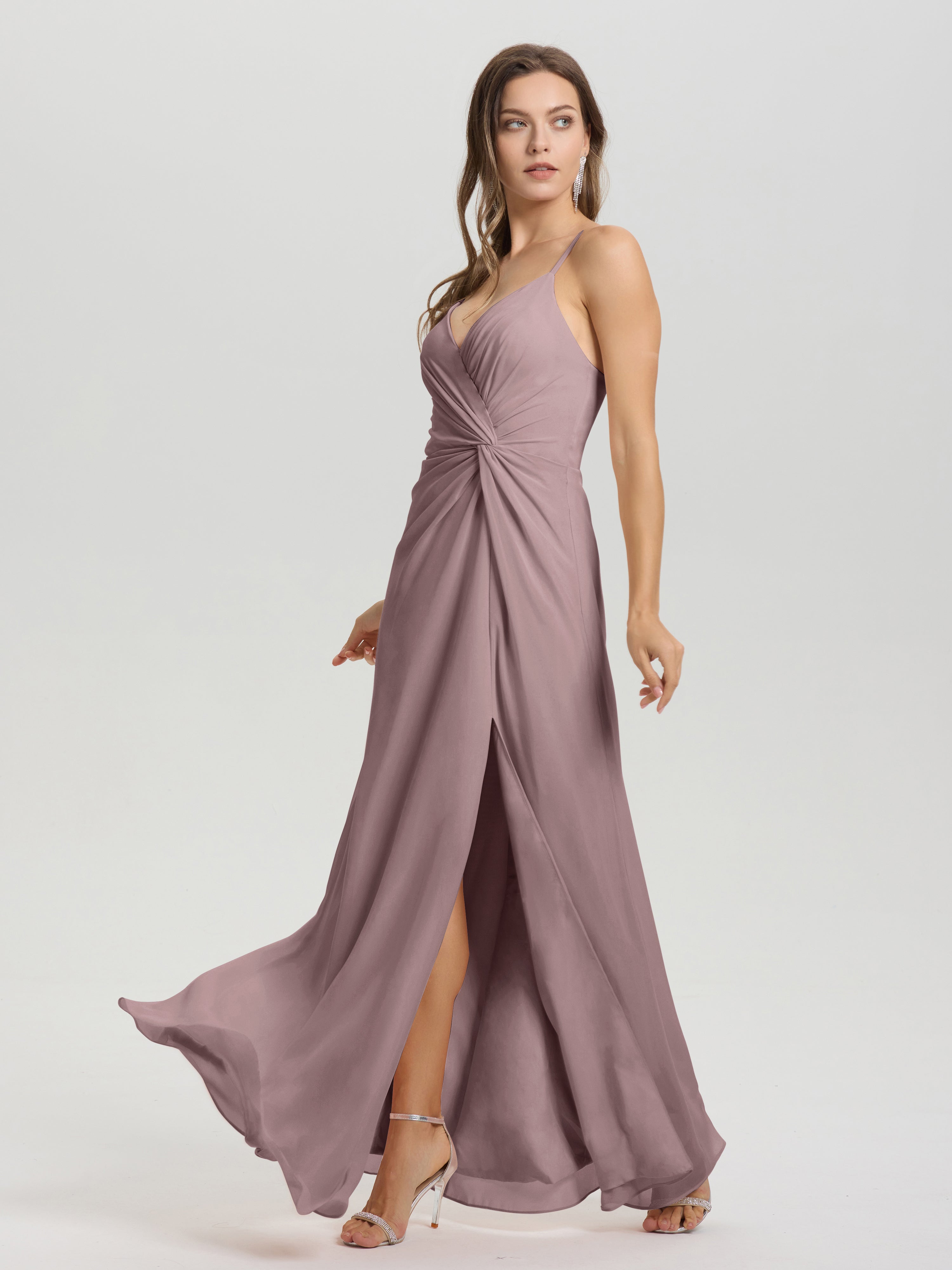 Robes De Demoiselle D'Honneur Vintage Mauve Col V Fendue Trapèze Mousseline Robe Demoiselle D'Honneur Avec Plisée Devant