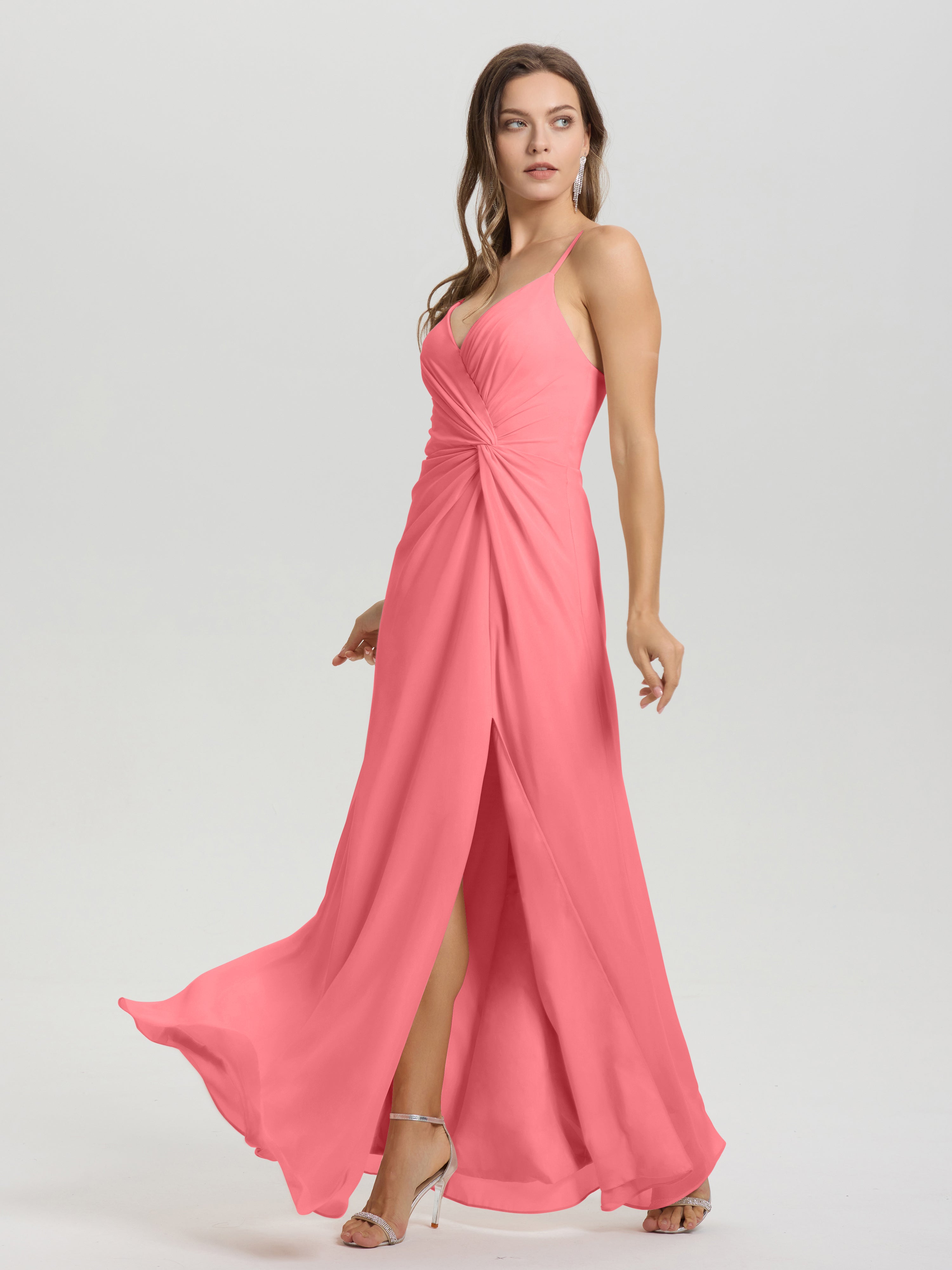 Robes De Demoiselle D'Honneur Pastèque Col V Fendue Trapèze Mousseline Robe Demoiselle D'Honneur Avec Plisée Devant