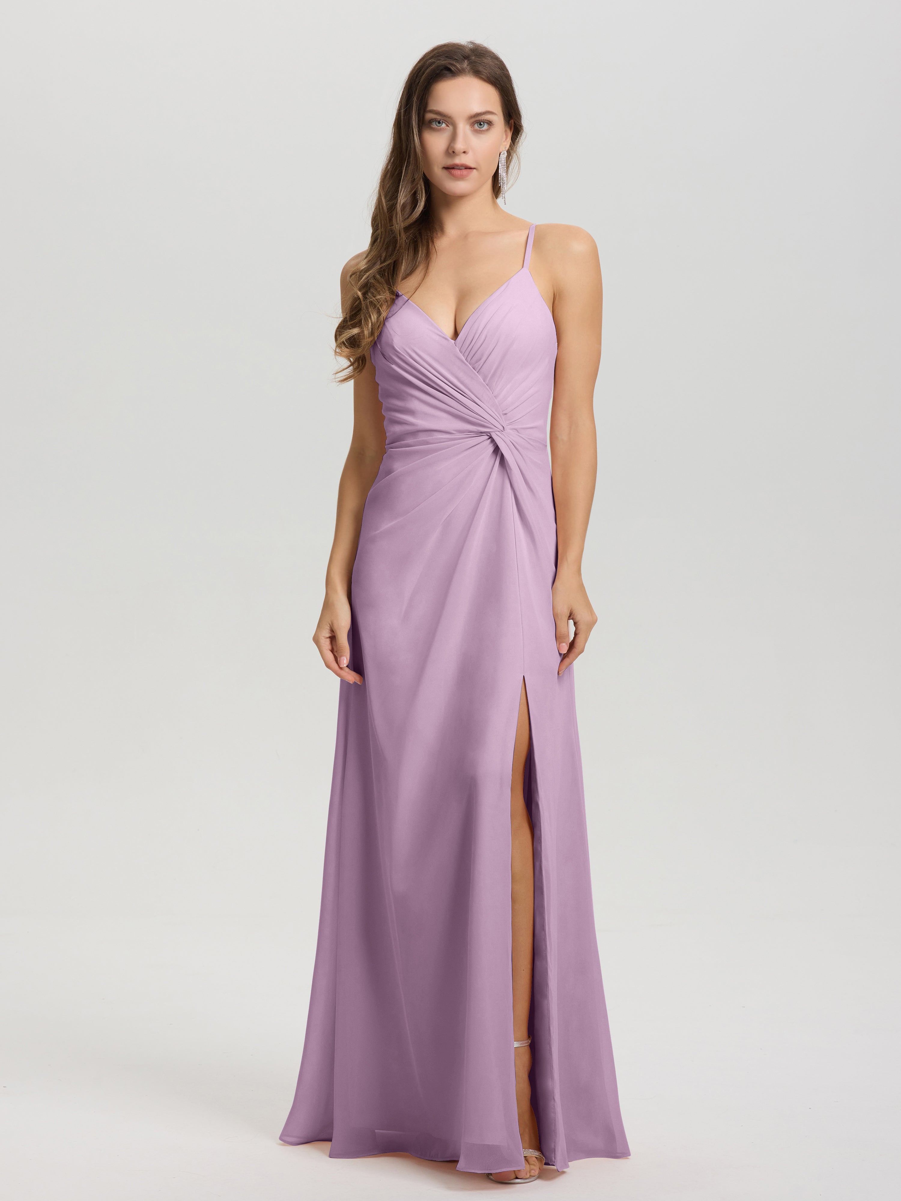 Robes De Demoiselle D'Honneur Glycine Col V Fendue Trapèze Mousseline Robe Demoiselle D'Honneur Avec Plisée Devant