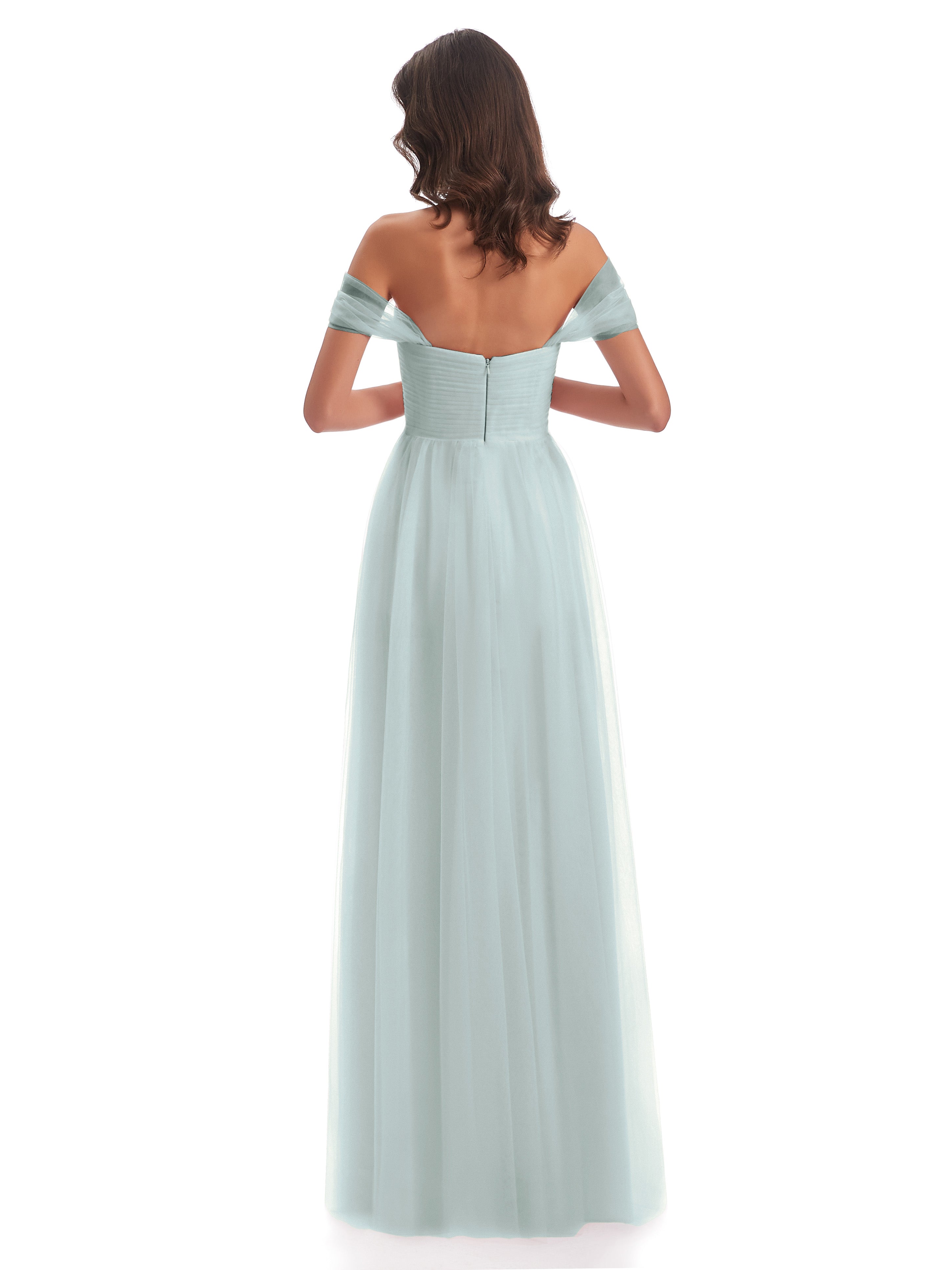 Robe Demoiselle D Honneur Vert Celadon Trapèze Hors-La-Épaule Tulle Longue Robes Demoiselle D'Honneur