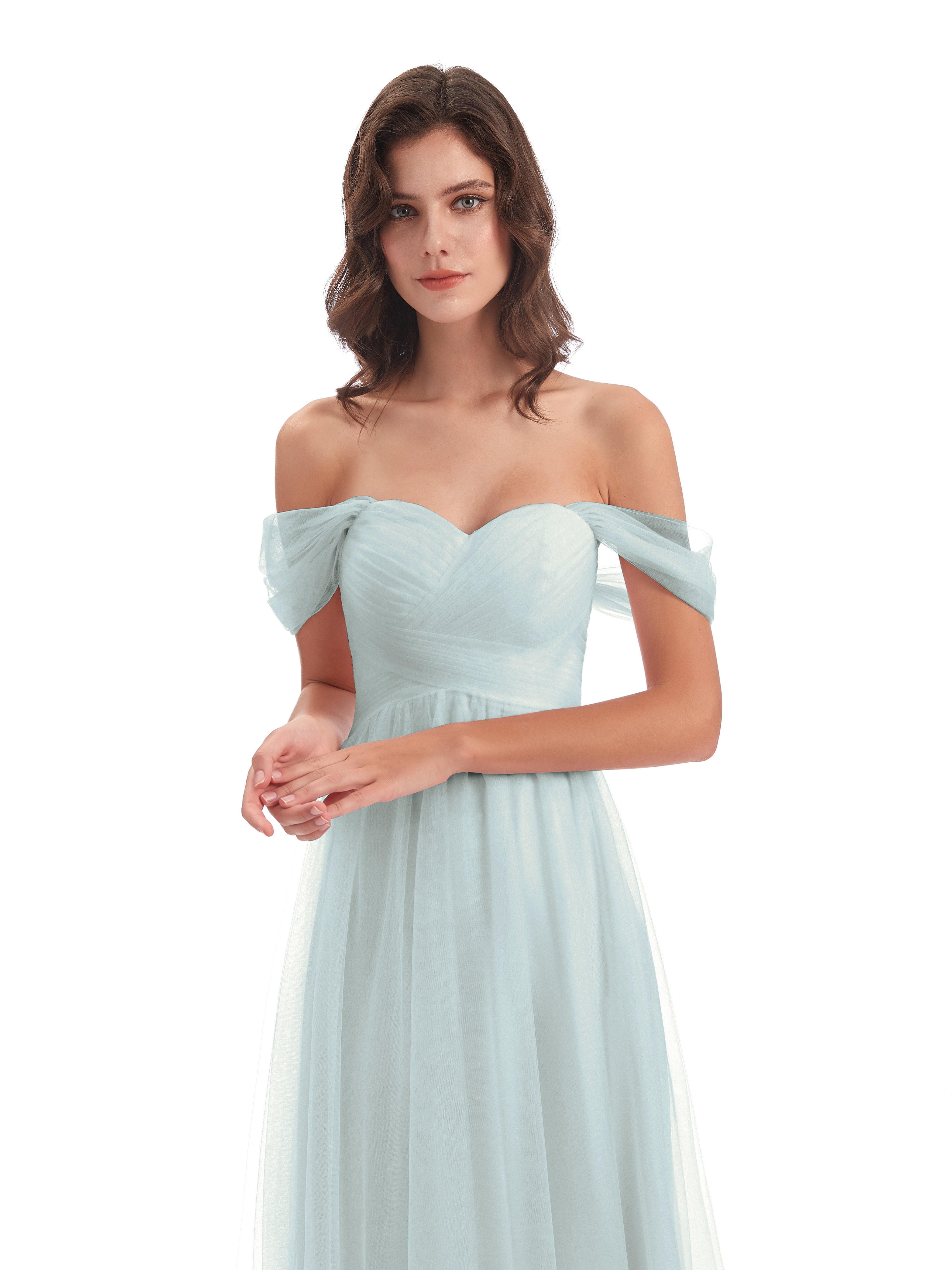Robe Demoiselle D Honneur Vert Celadon Trapèze Hors-La-Épaule Tulle Longue Robes Demoiselle D'Honneur