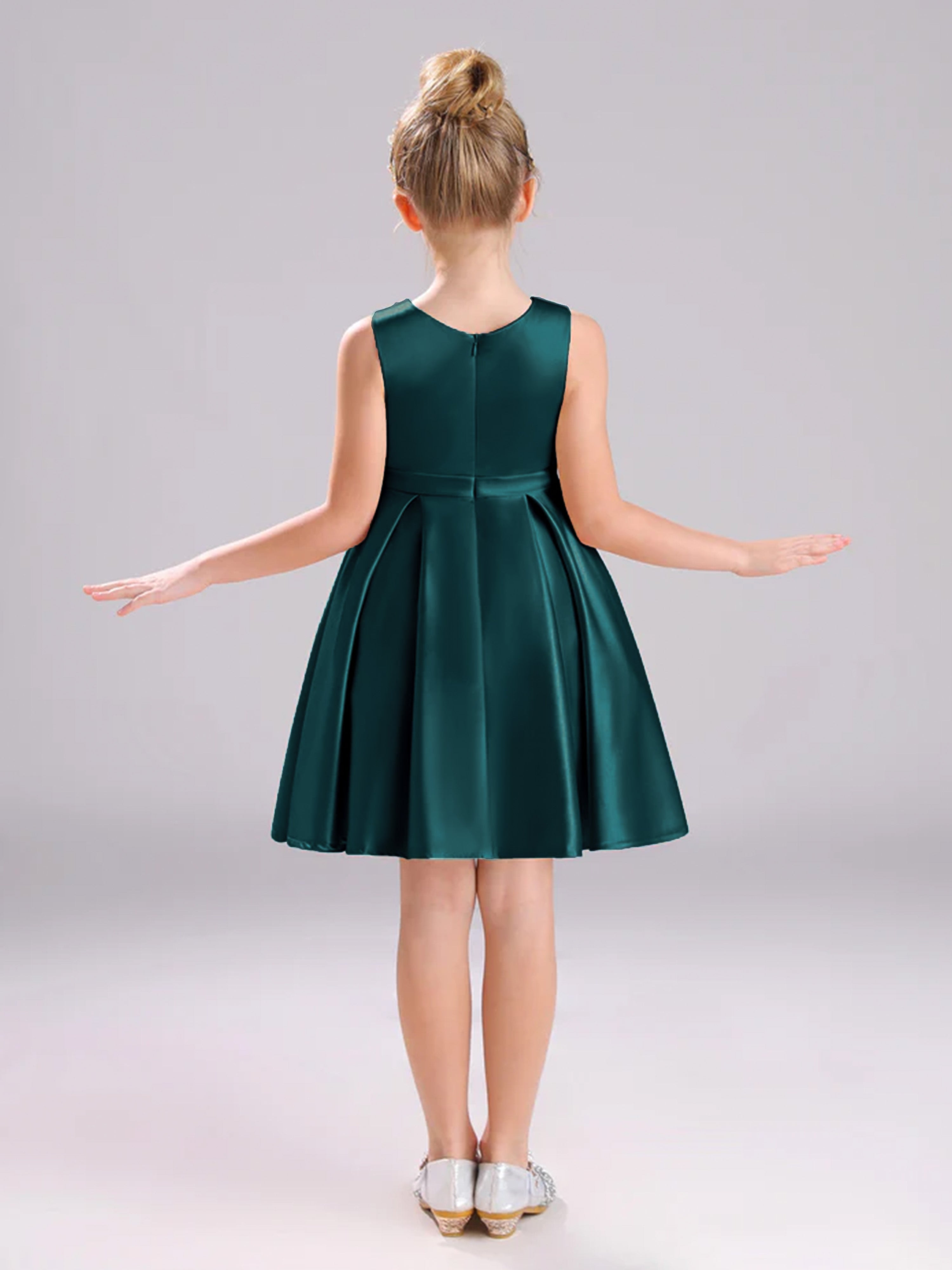 Col Bateau Sans Manches Satin Courte Robe Fille
