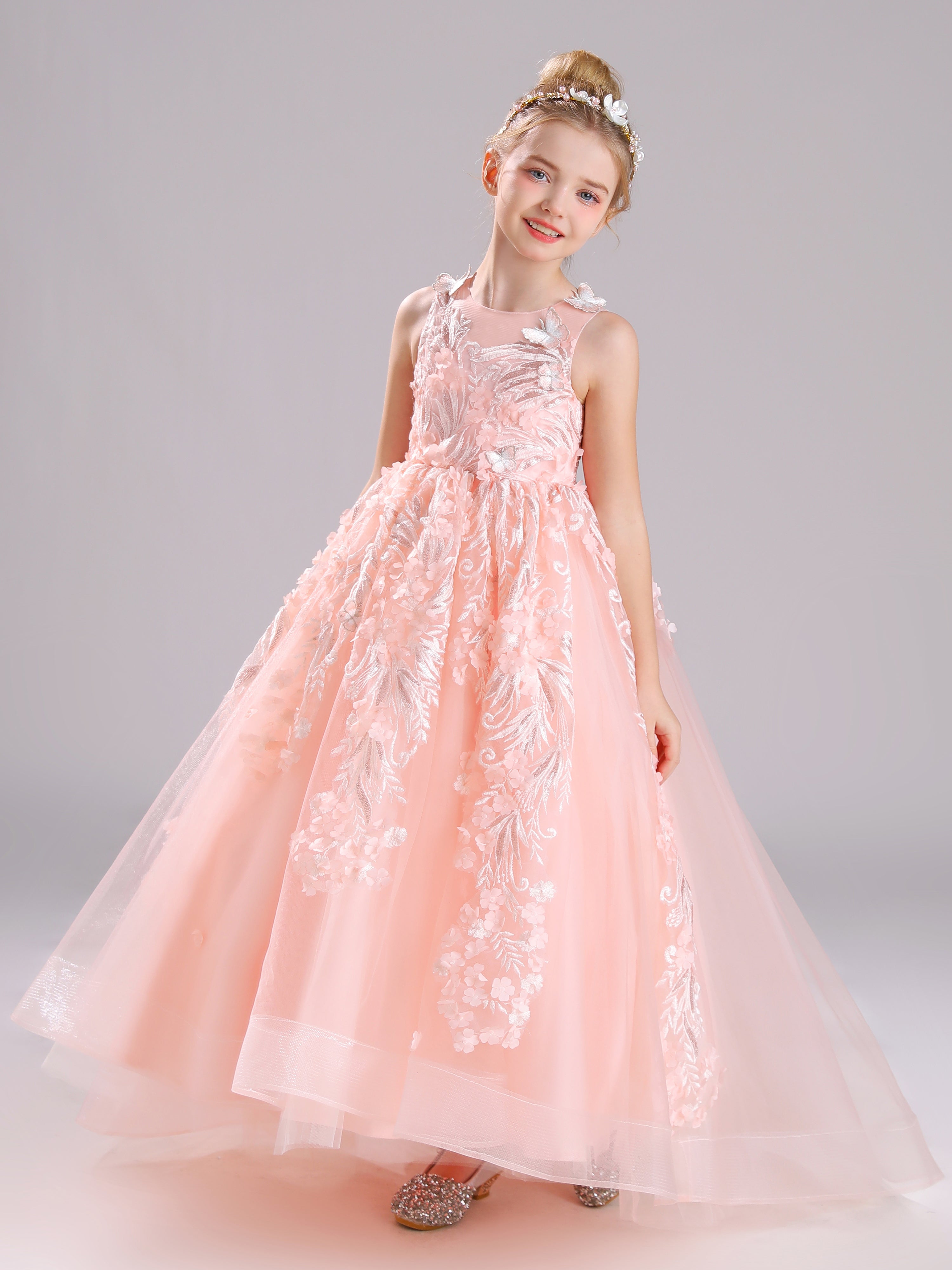 Somptueuse Col Rond Satin&Tulle&Dentelle Robe Fille avec Traîne