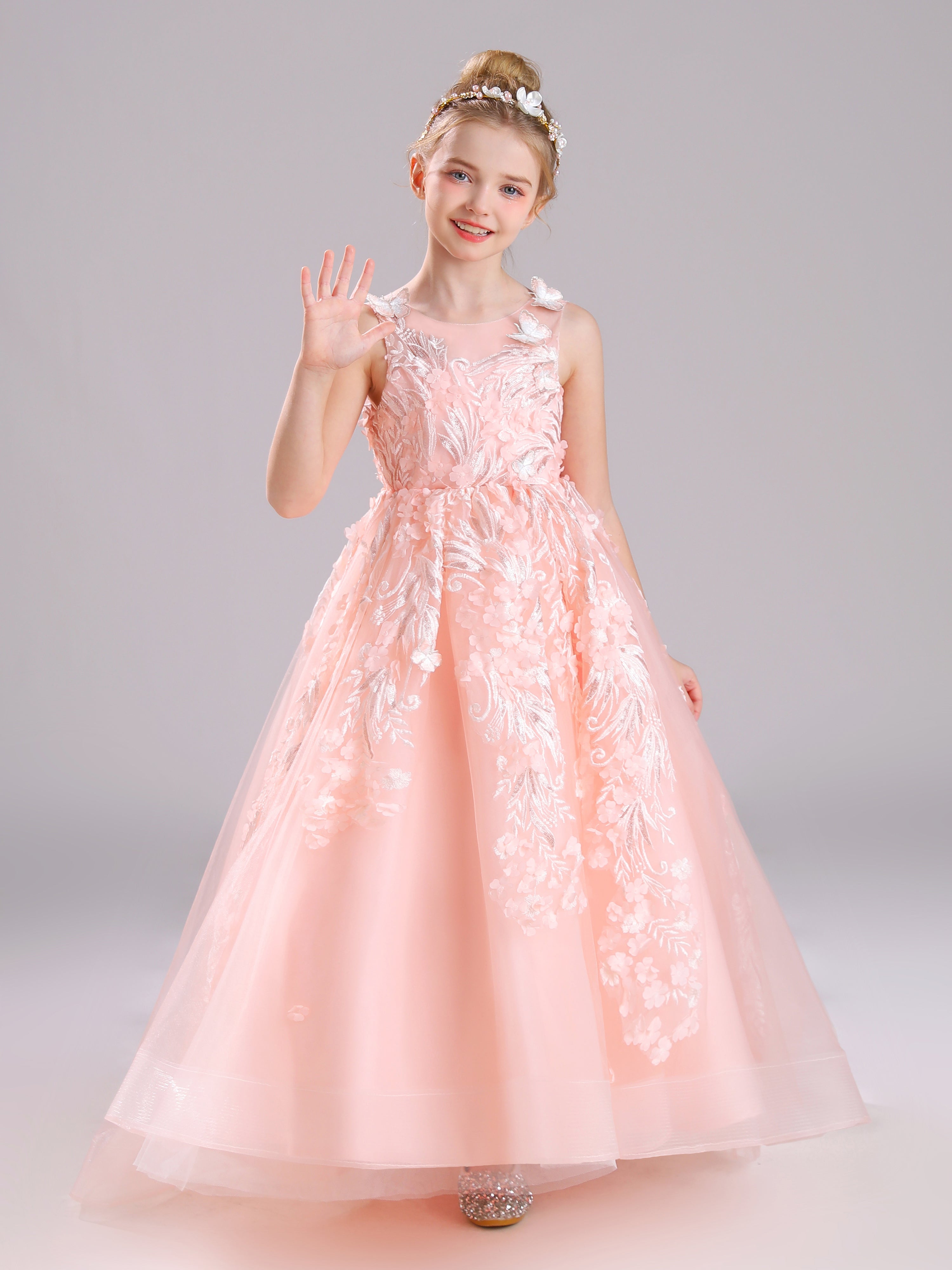 Somptueuse Col Rond Satin&Tulle&Dentelle Robe Fille avec Traîne