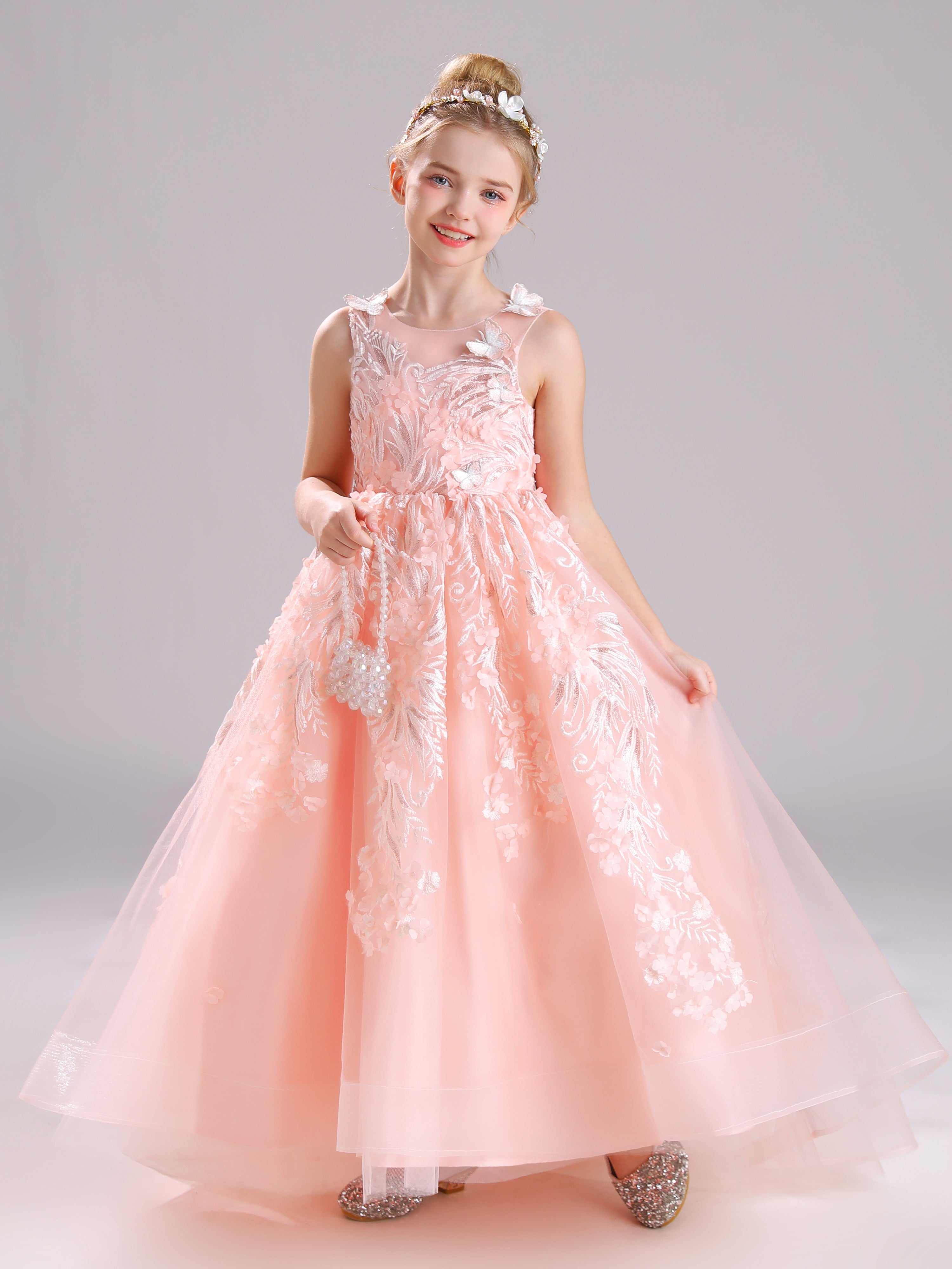 Somptueuse Col Rond Satin&Tulle&Dentelle Robe Fille avec Traîne