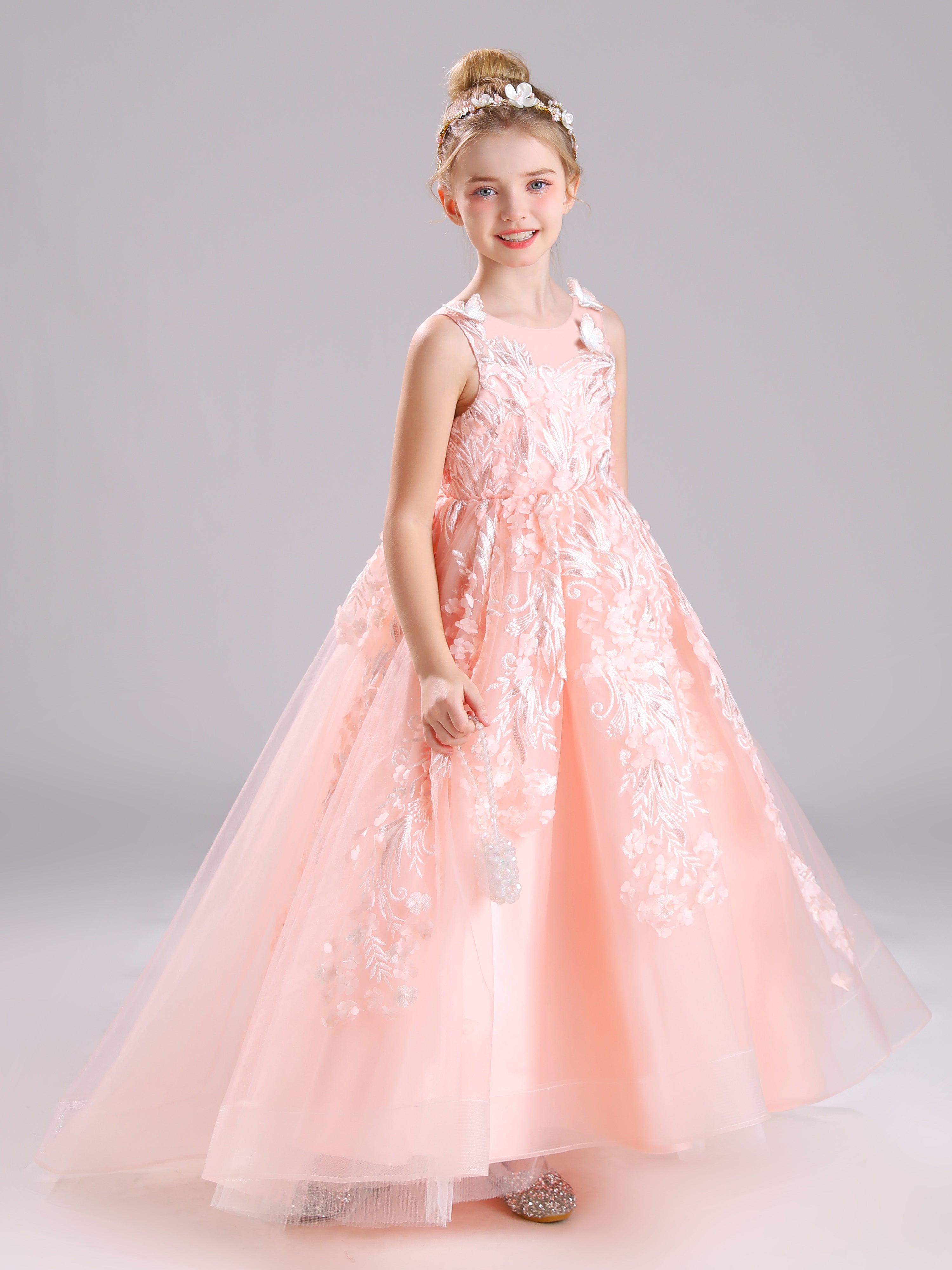 Somptueuse Col Rond Satin&Tulle&Dentelle Robe Fille avec Traîne