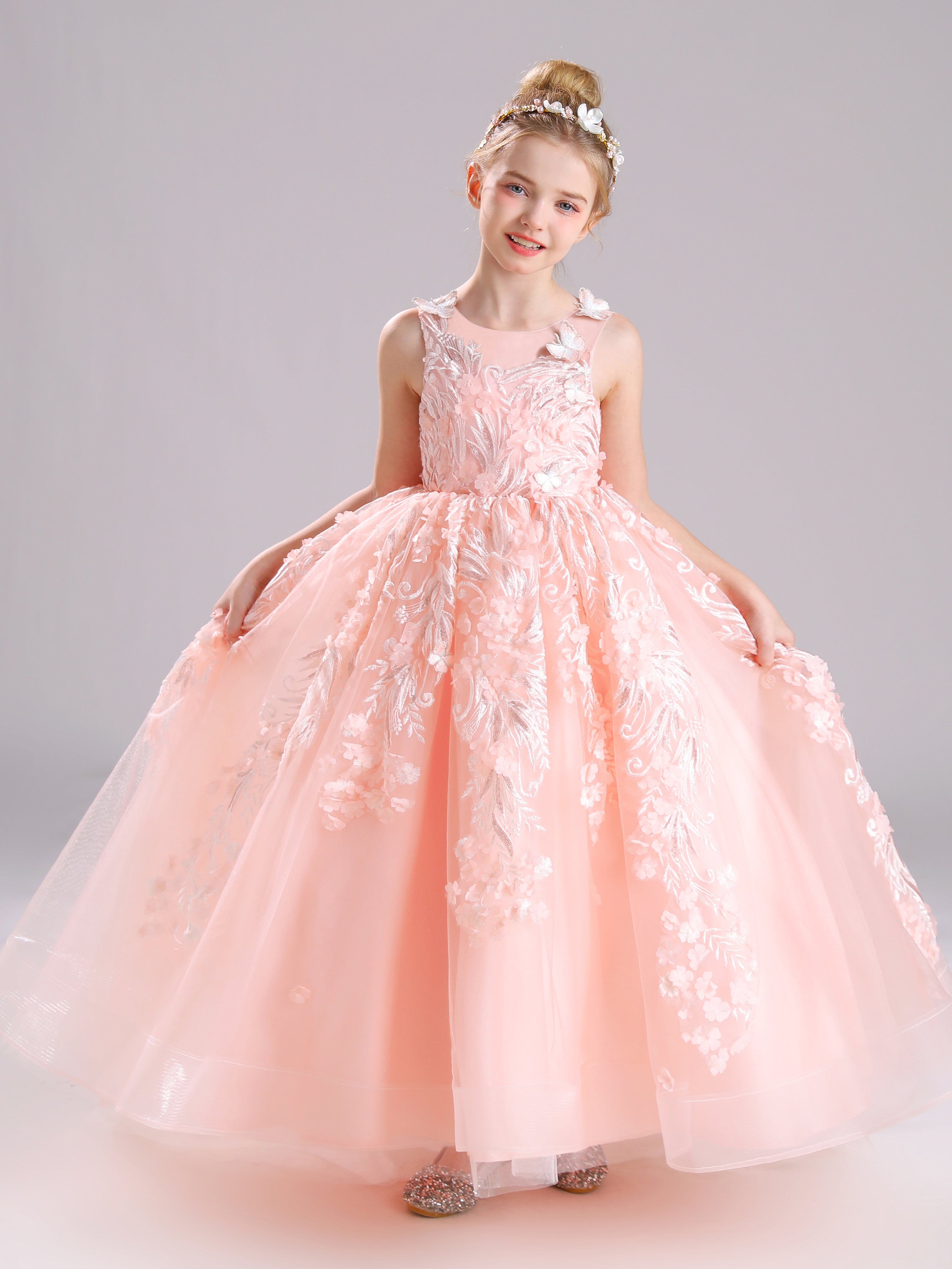 Somptueuse Col Rond Satin&Tulle&Dentelle Robe Fille avec Traîne