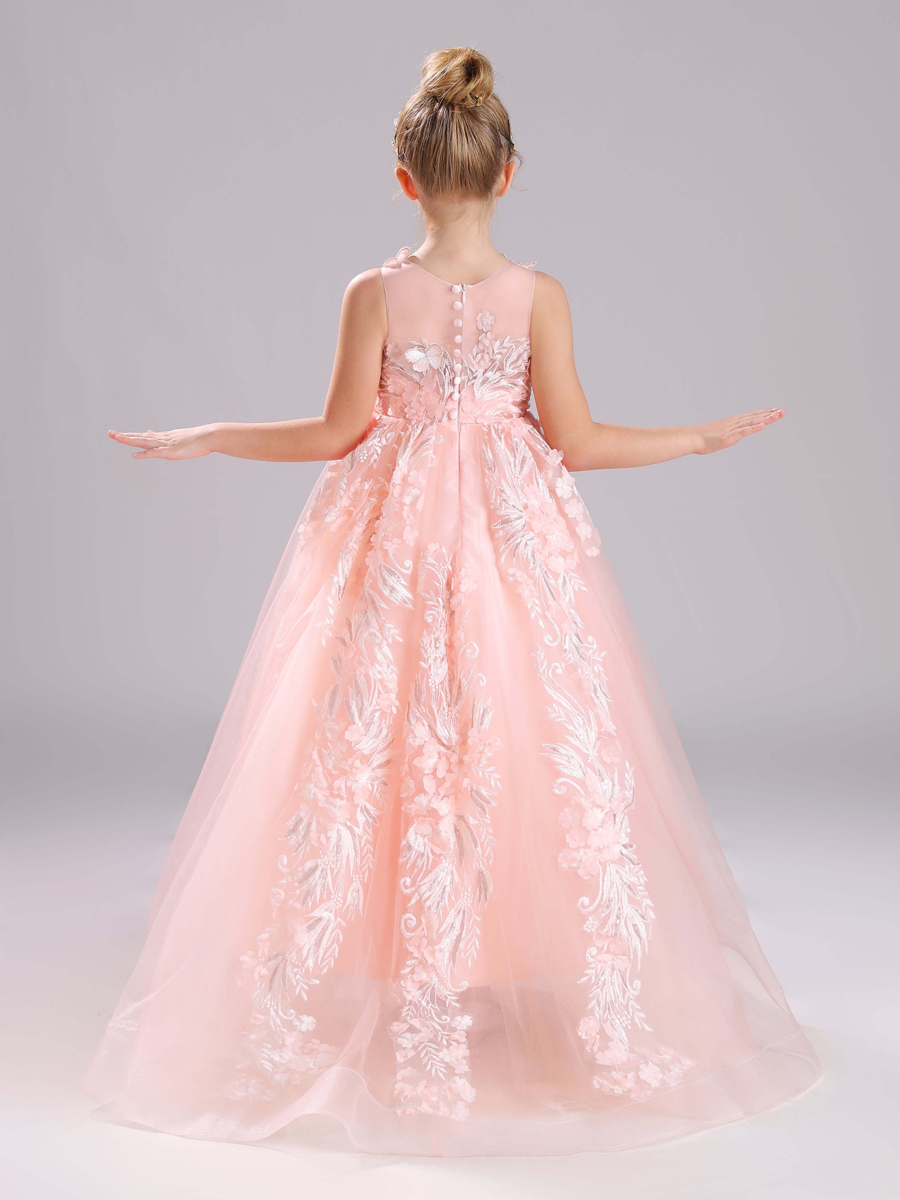 Somptueuse Col Rond Satin&Tulle&Dentelle Robe Fille avec Traîne