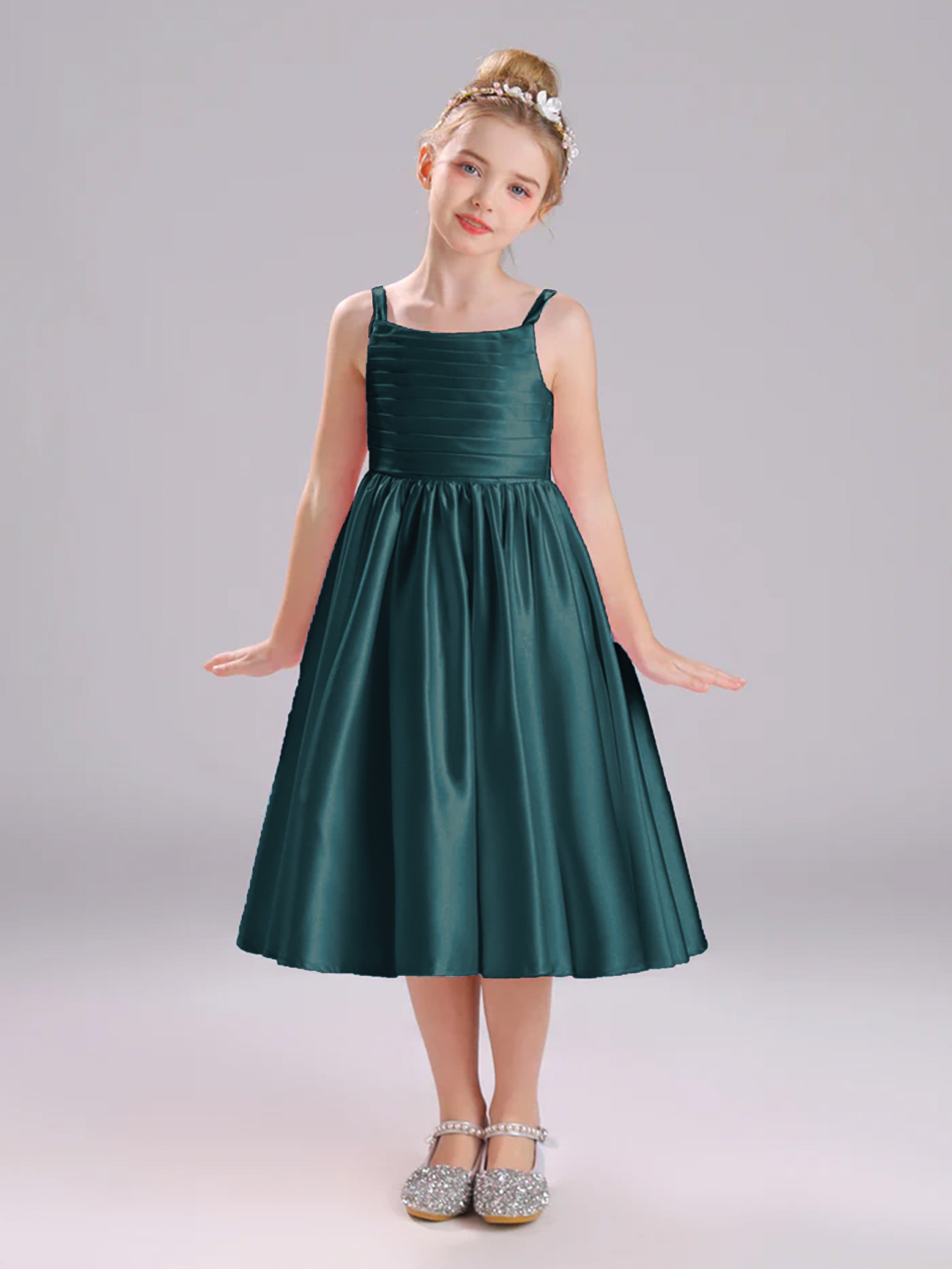Col Bateau Bretelles Spaghetti Satin Plissée Robe Fille