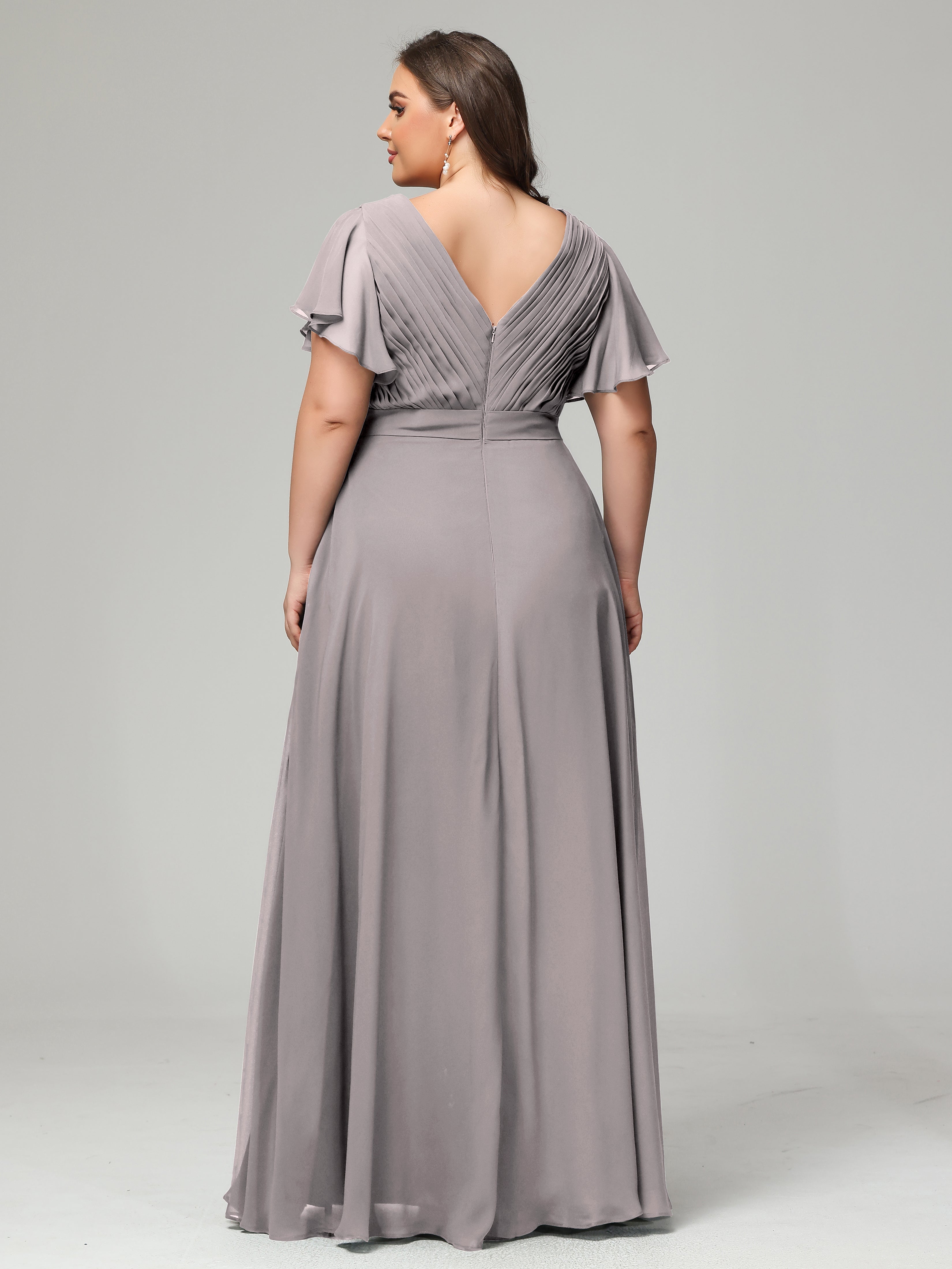 Robes De Demoiselle D'Honneur En Argent Dos En V Manches Courtes Mousseline Robes Demoiselle D'Honneur Grande Taille