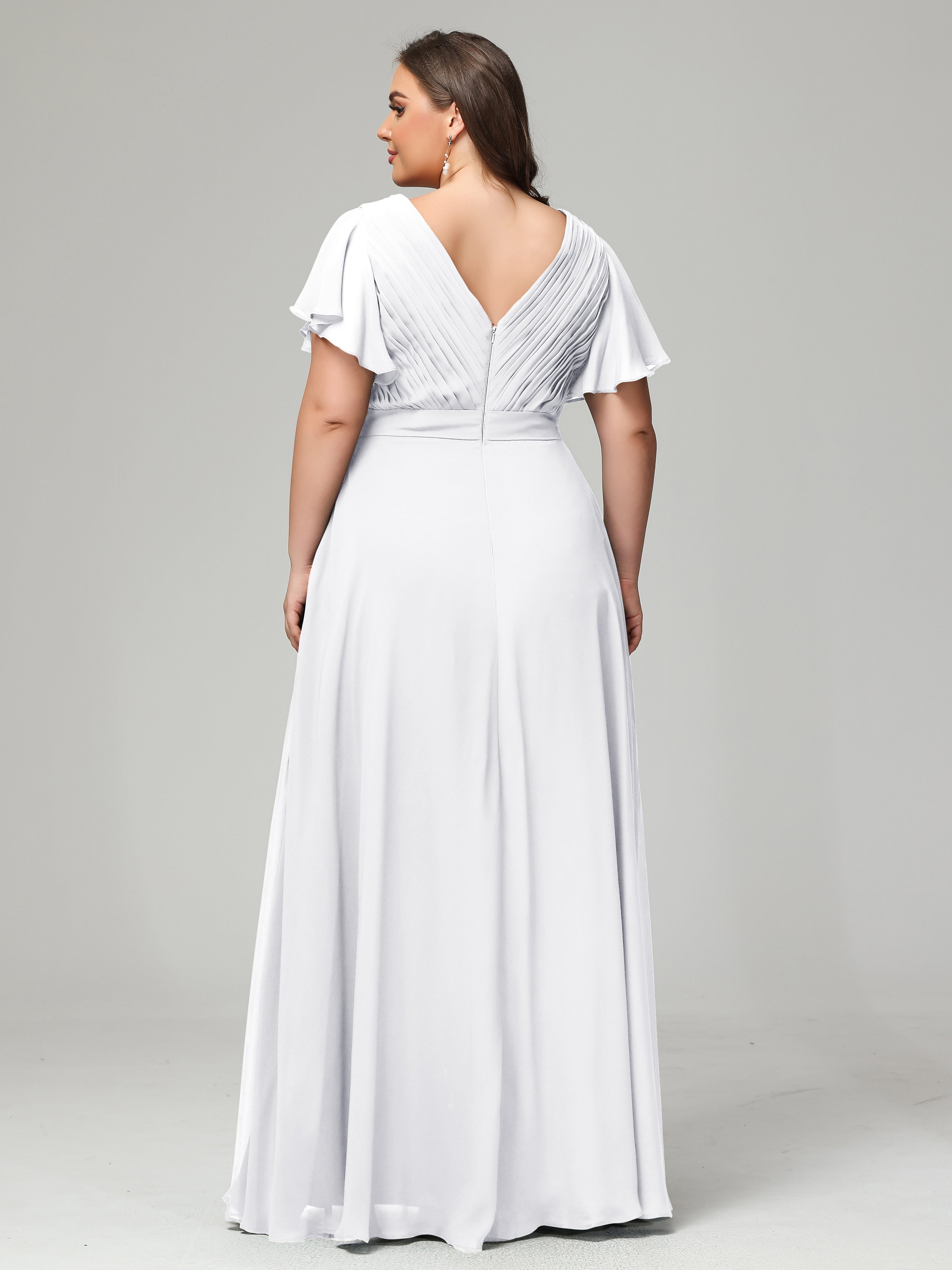 Robes De Demoiselle D'Honneur Blanches Grande Taille Dos En V Manches Courtes Mousseline