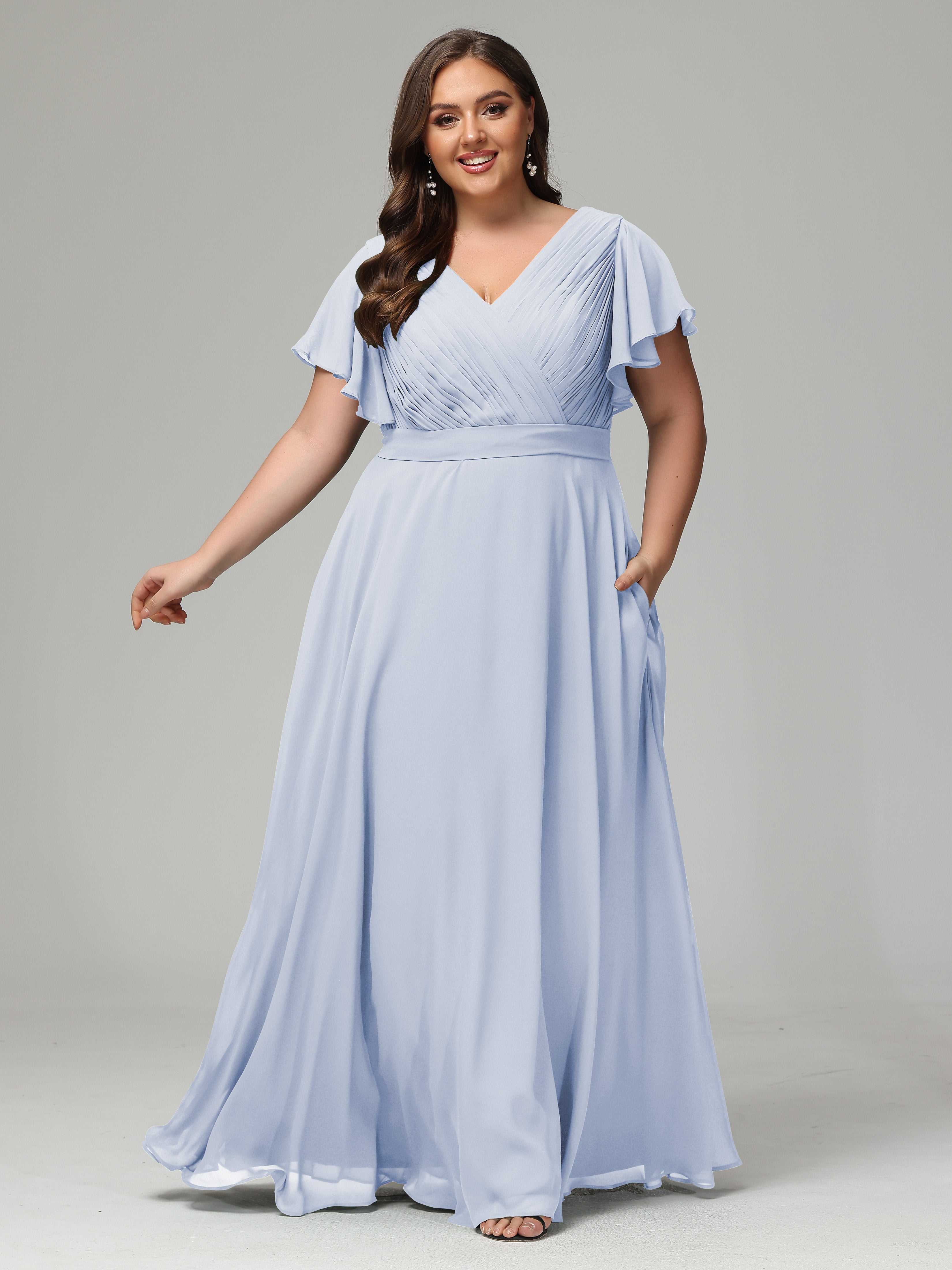 Robe De Demoiselle D Honneur Bleu Ciel Grande Taille Dos En V Manches Courtes Mousseline