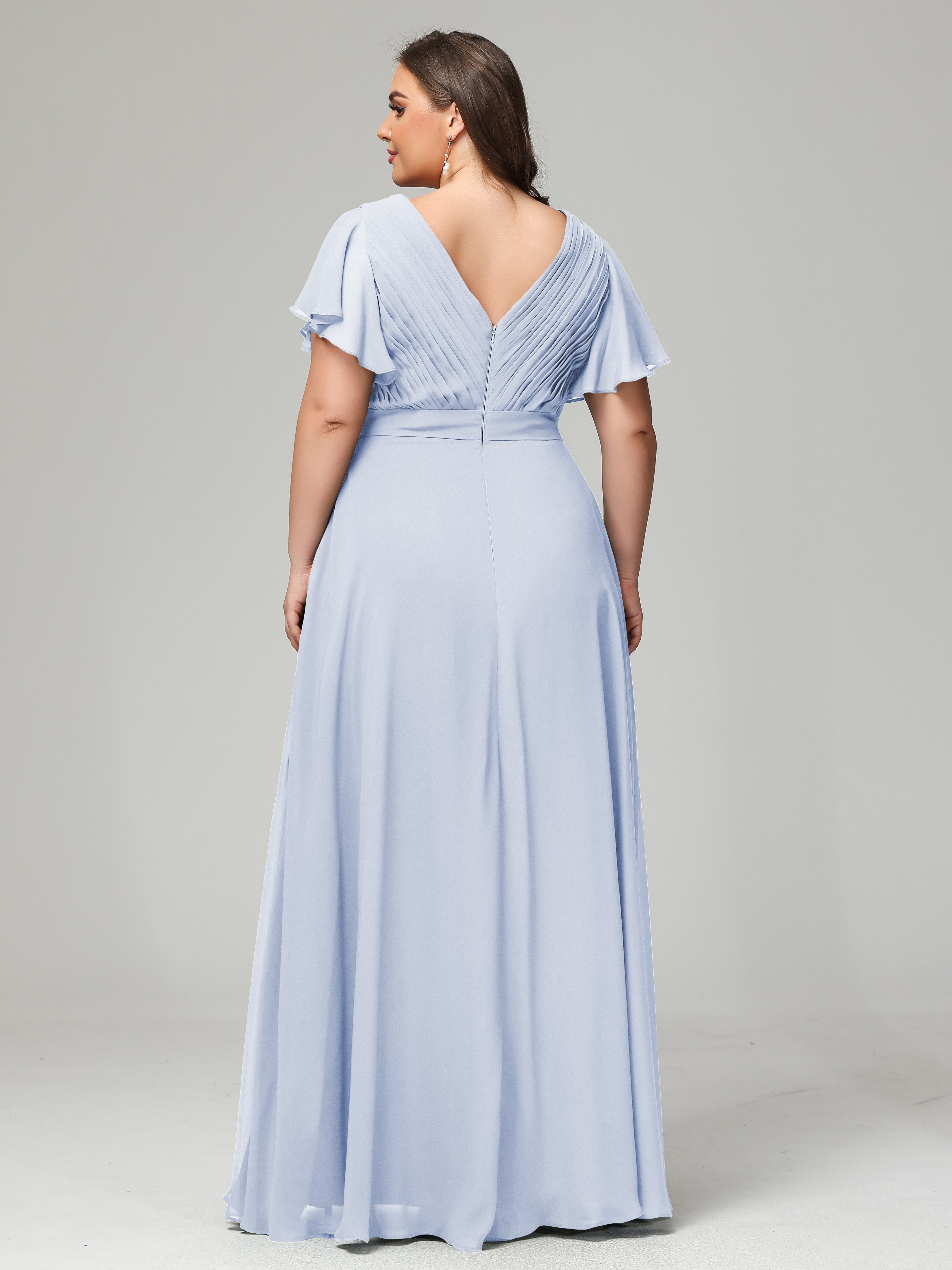 Robe De Demoiselle D Honneur Bleu Ciel Grande Taille Dos En V Manches Courtes Mousseline