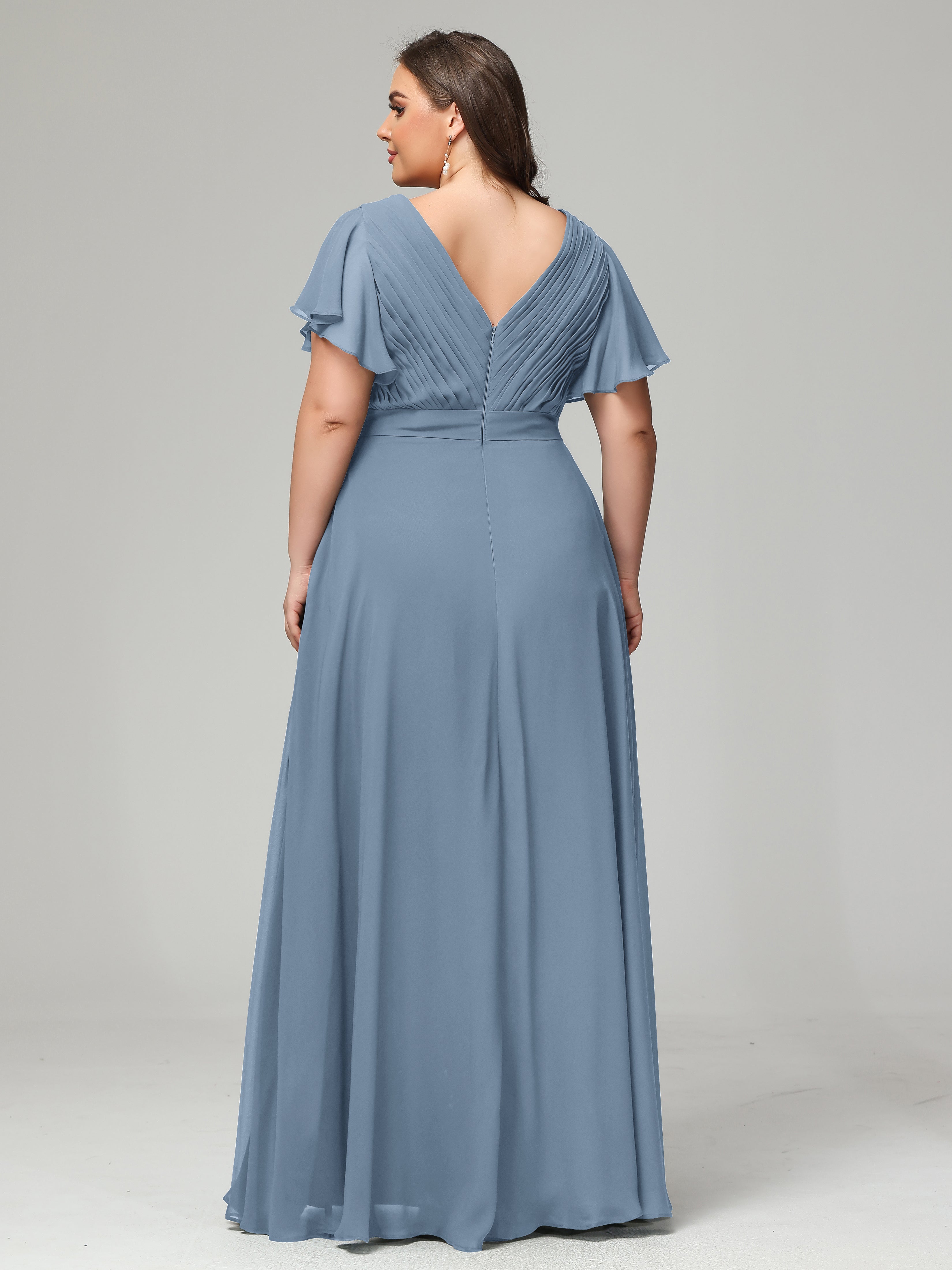 Robes De Demoiselle D'Honneur Bleu De Schiste Grande Taille Dos En V Manches Courtes Mousseline