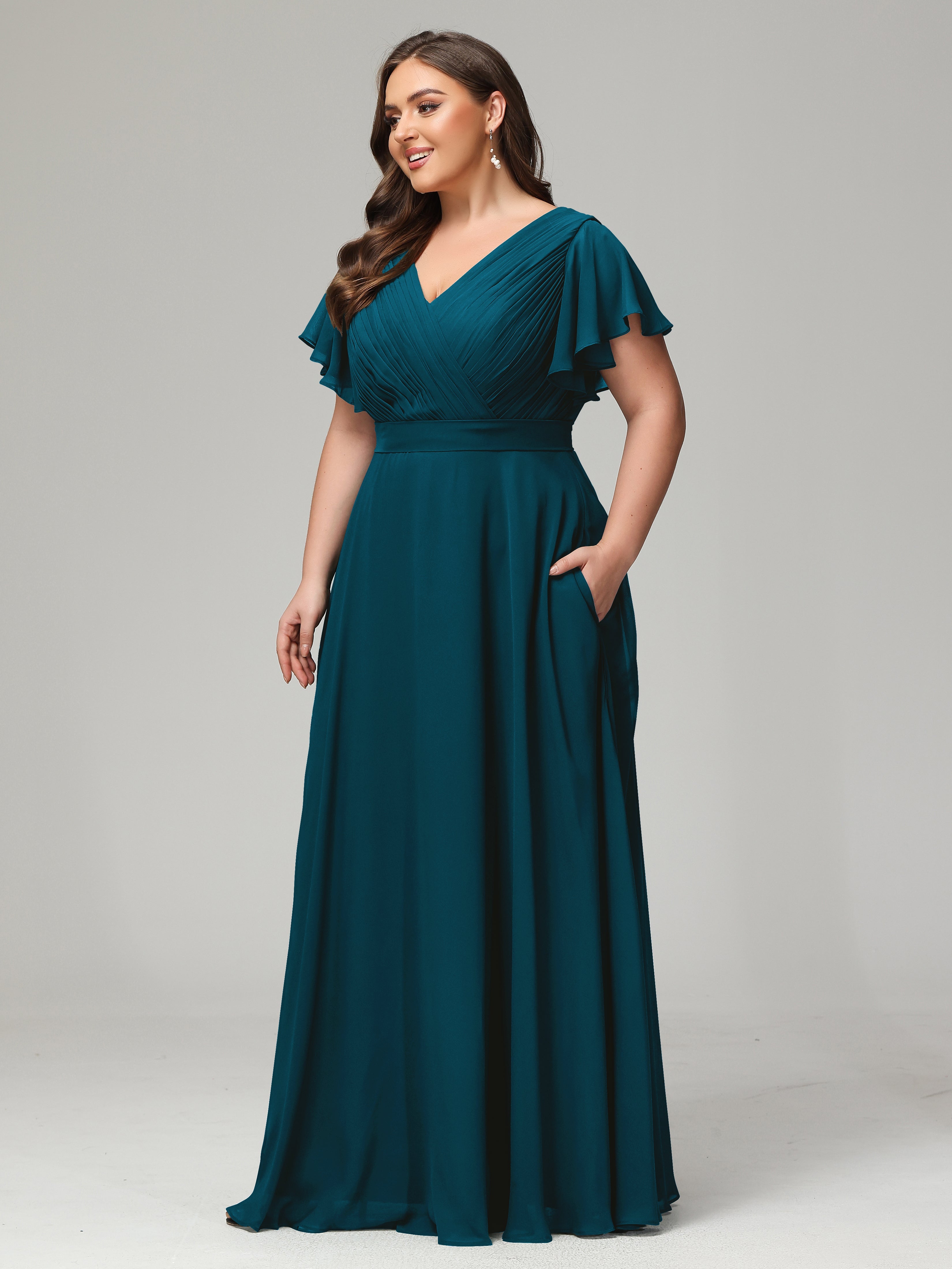 Robe De Demoiselle D'Honneur Bleu Encre Grande Taille Dos En V Manches Courtes Mousseline