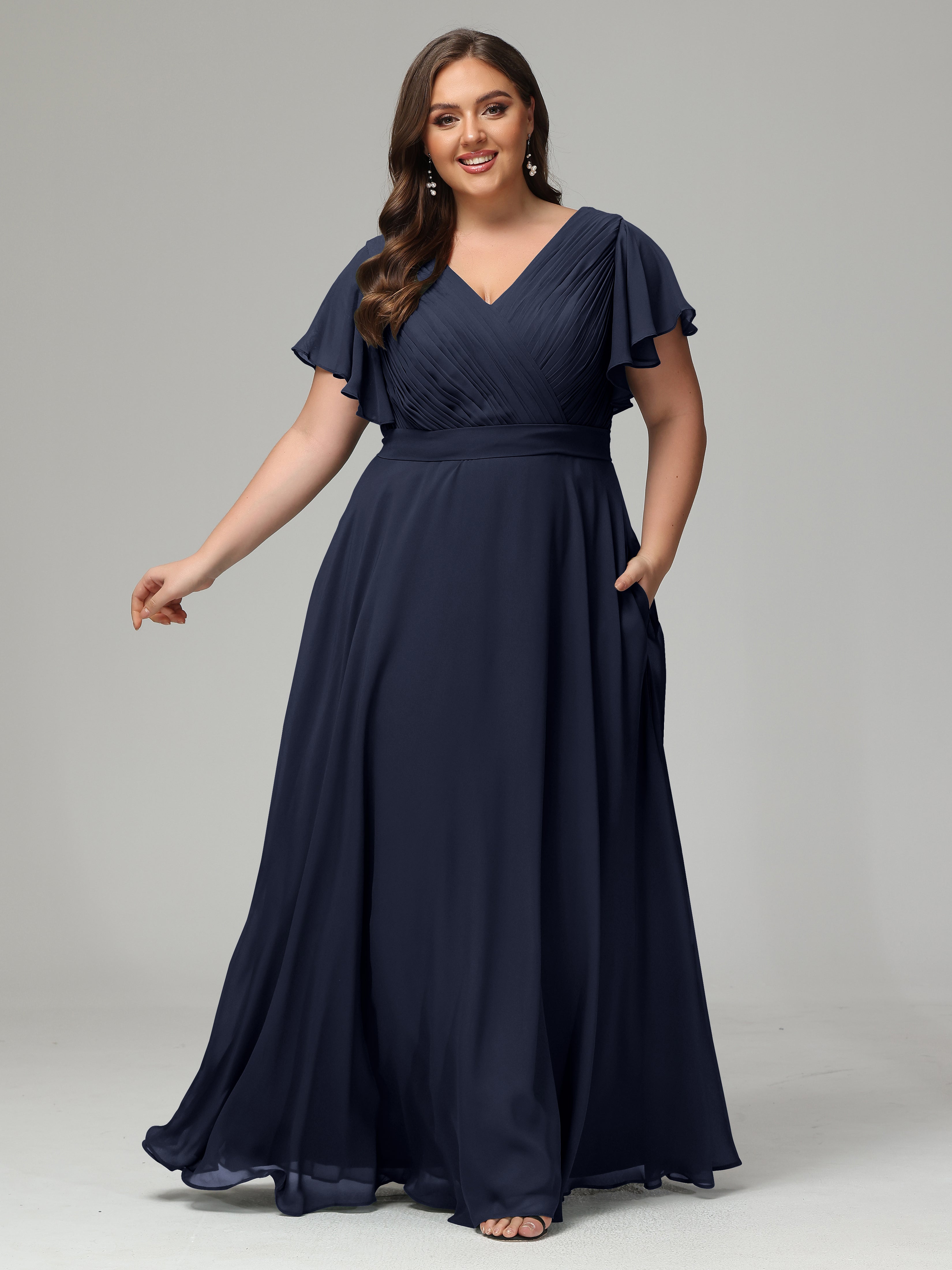 Demoiselle D'Honneur Bleu Marine Grande Taille Dos En V Manches Courtes Mousseline