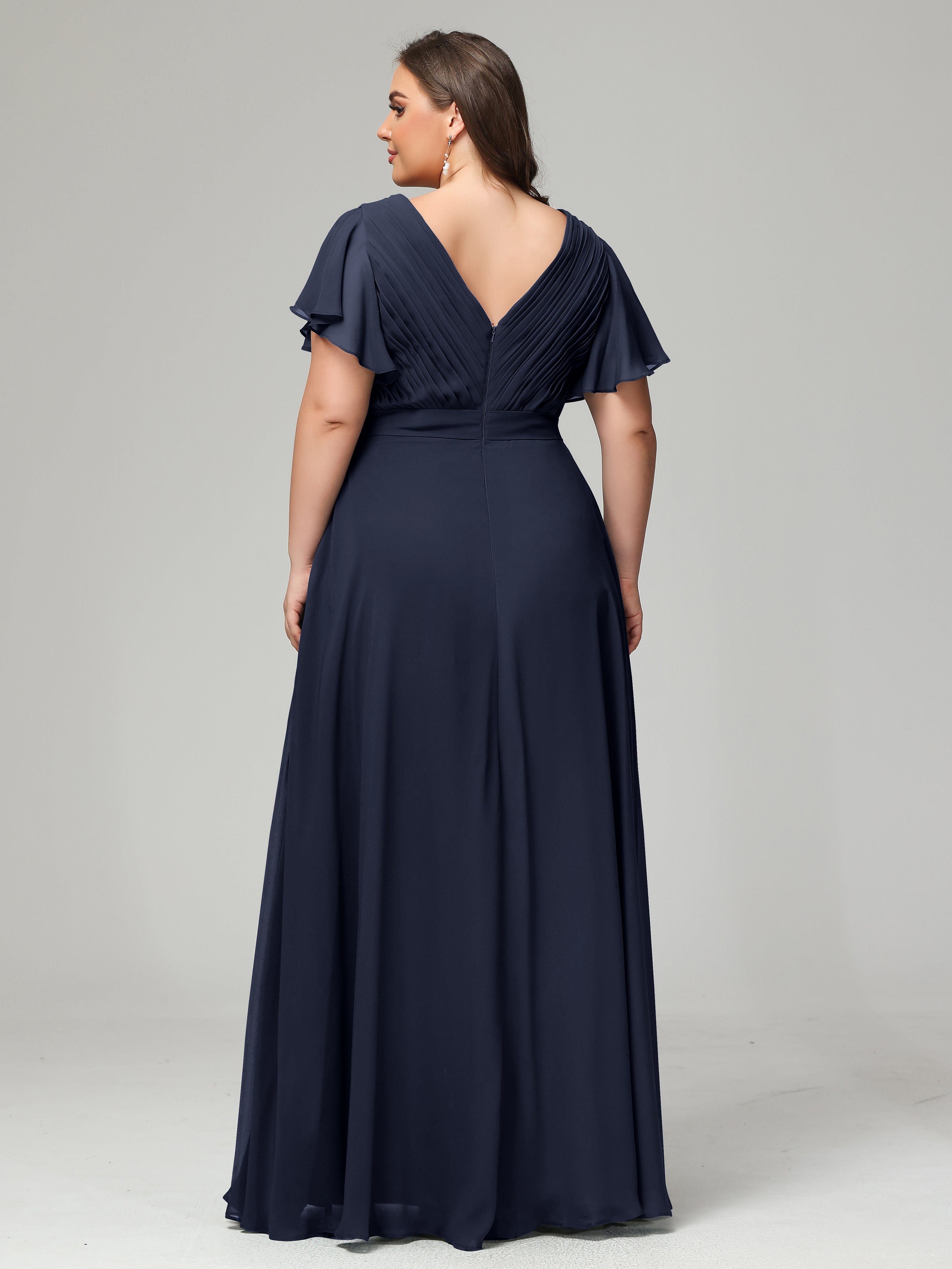 Demoiselle D'Honneur Bleu Marine Grande Taille Dos En V Manches Courtes Mousseline