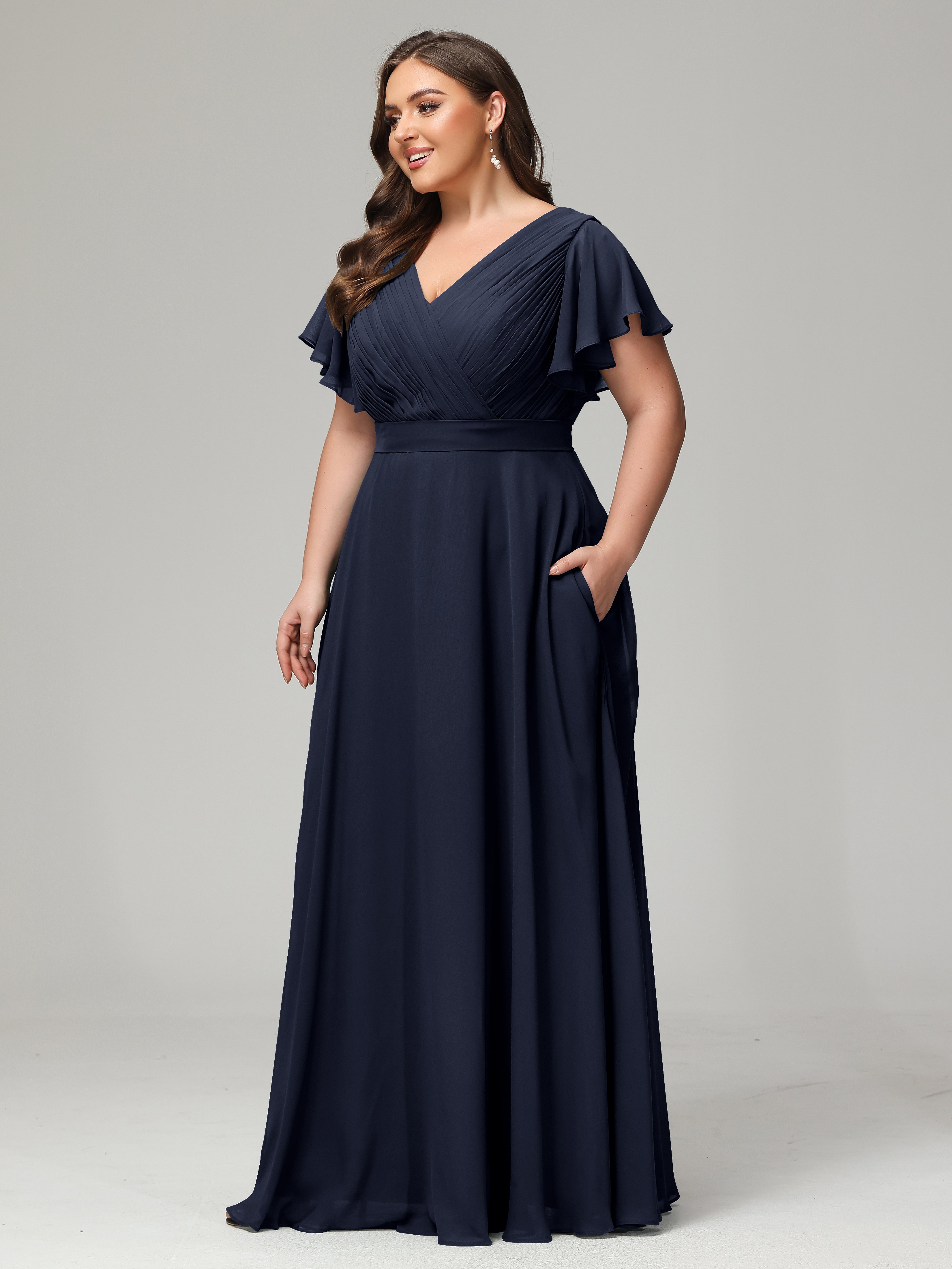 Demoiselle D'Honneur Bleu Marine Grande Taille Dos En V Manches Courtes Mousseline