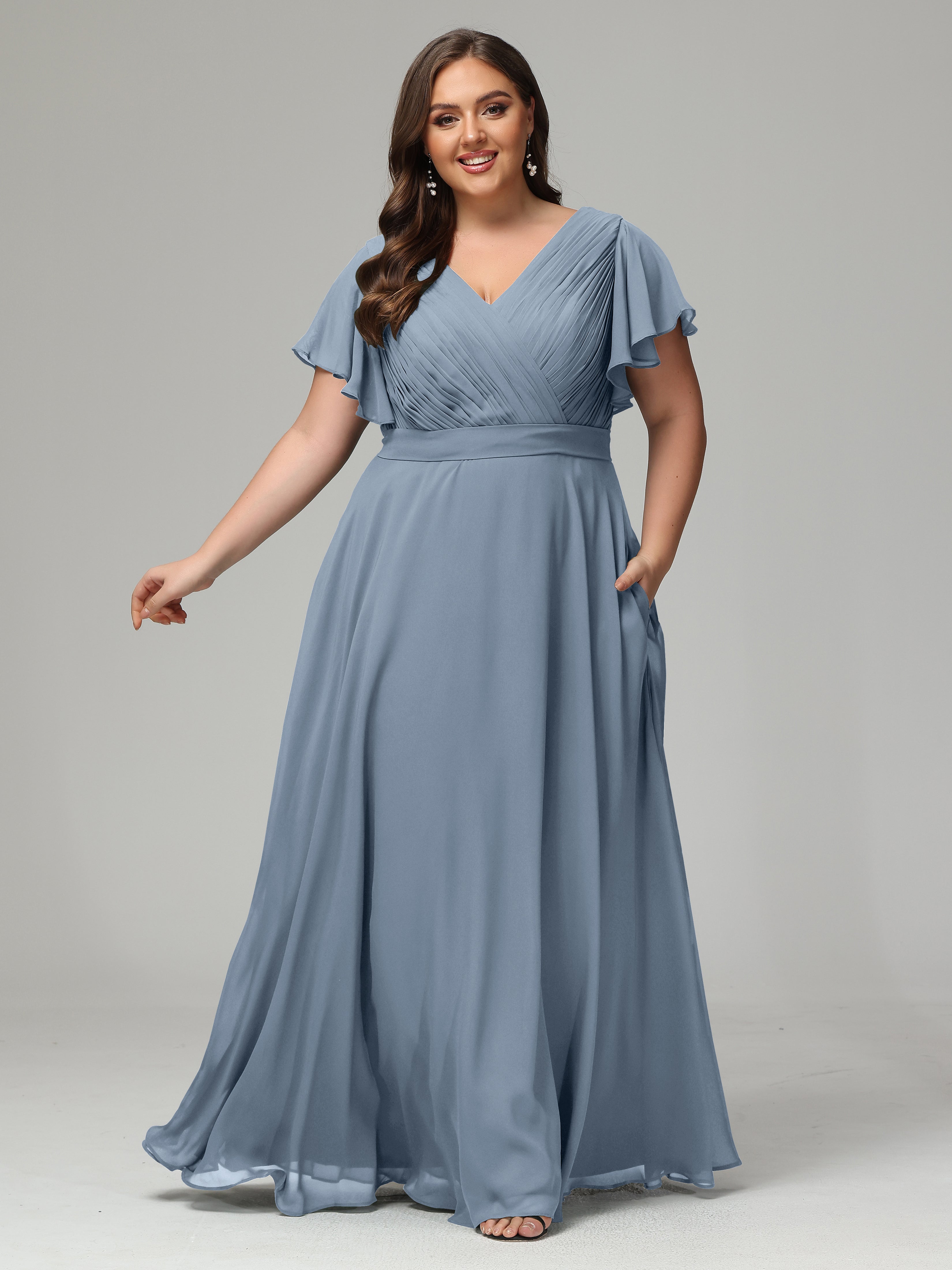 Robes De Demoiselle D'Honneur Bleu Poudre Grande Taille Dos En V Manches Courtes Mousseline