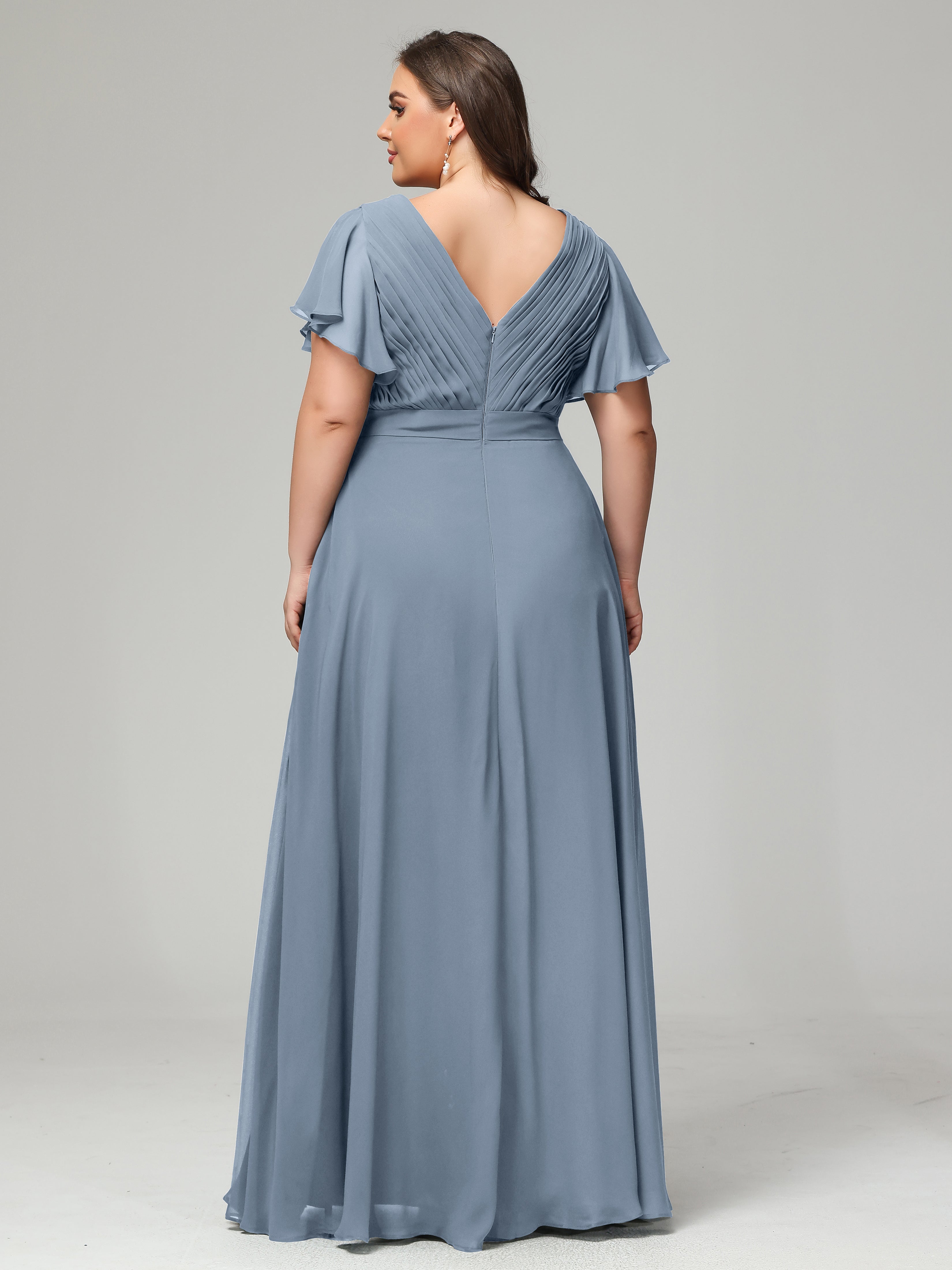 Robes De Demoiselle D'Honneur Bleu Poudre Grande Taille Dos En V Manches Courtes Mousseline