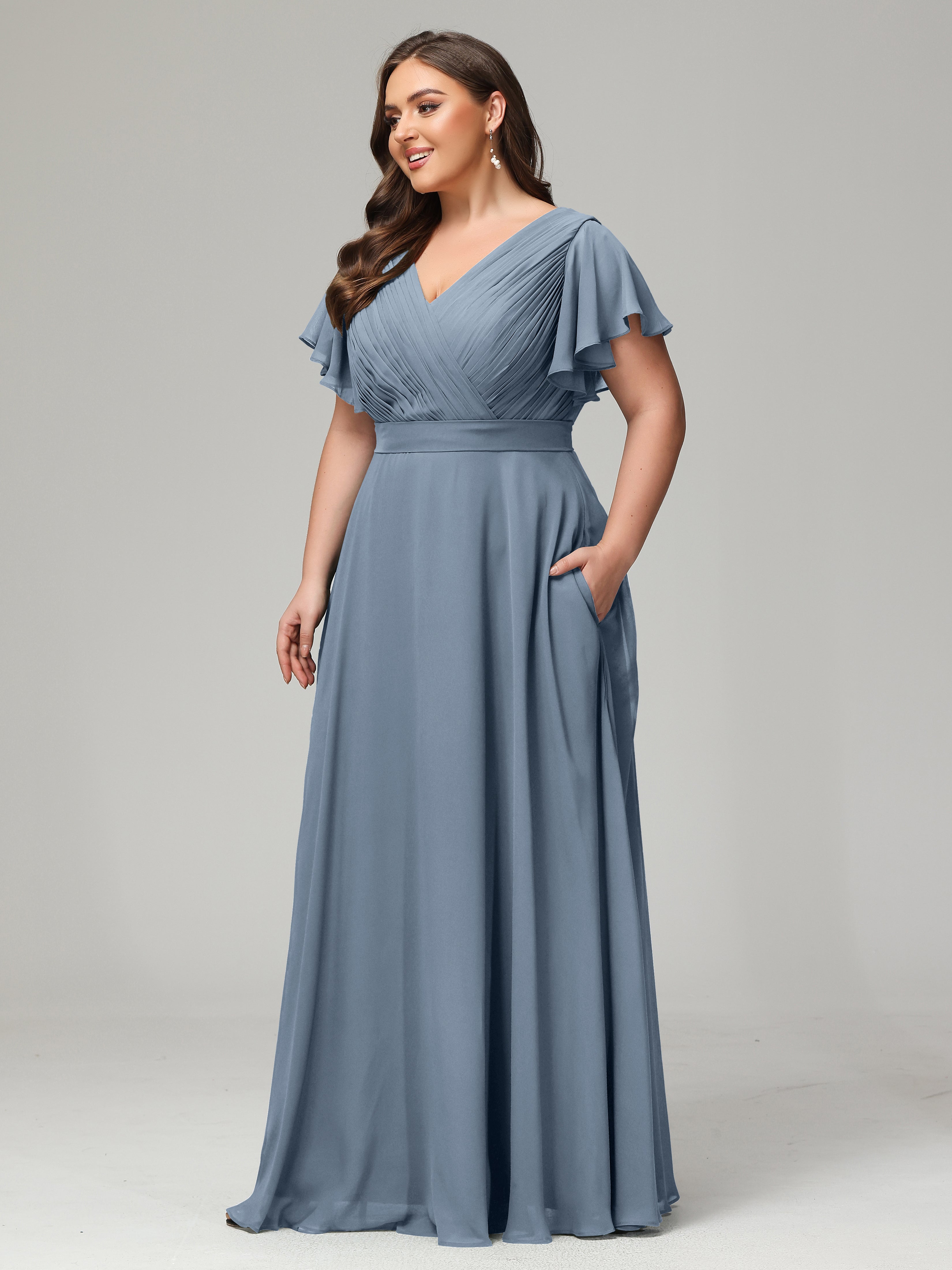 Robes De Demoiselle D'Honneur Bleu Poudre Grande Taille Dos En V Manches Courtes Mousseline