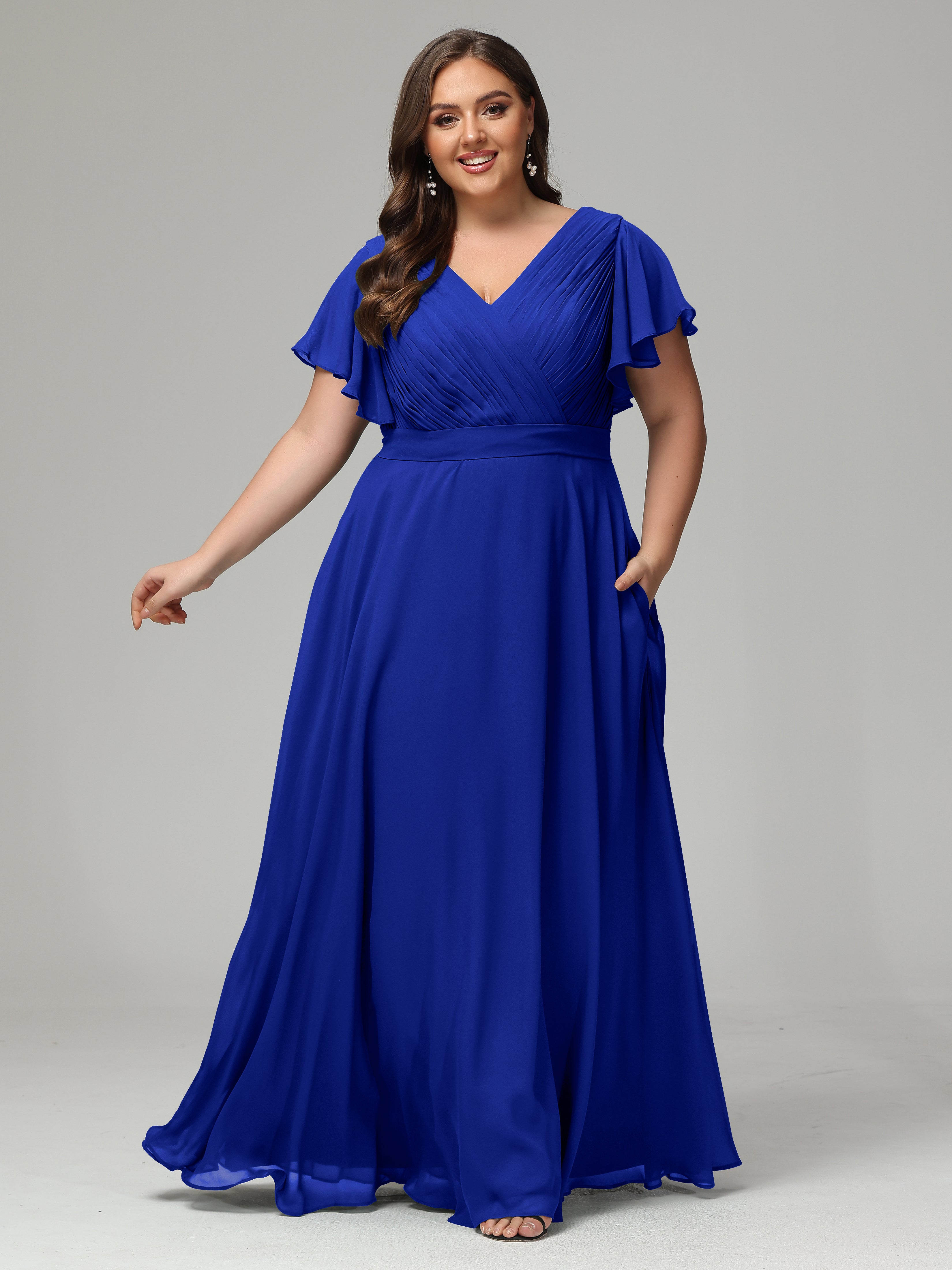 Demoiselle D'Honneur Bleu Royal Grande Taille Dos En V Manches Courtes Mousseline