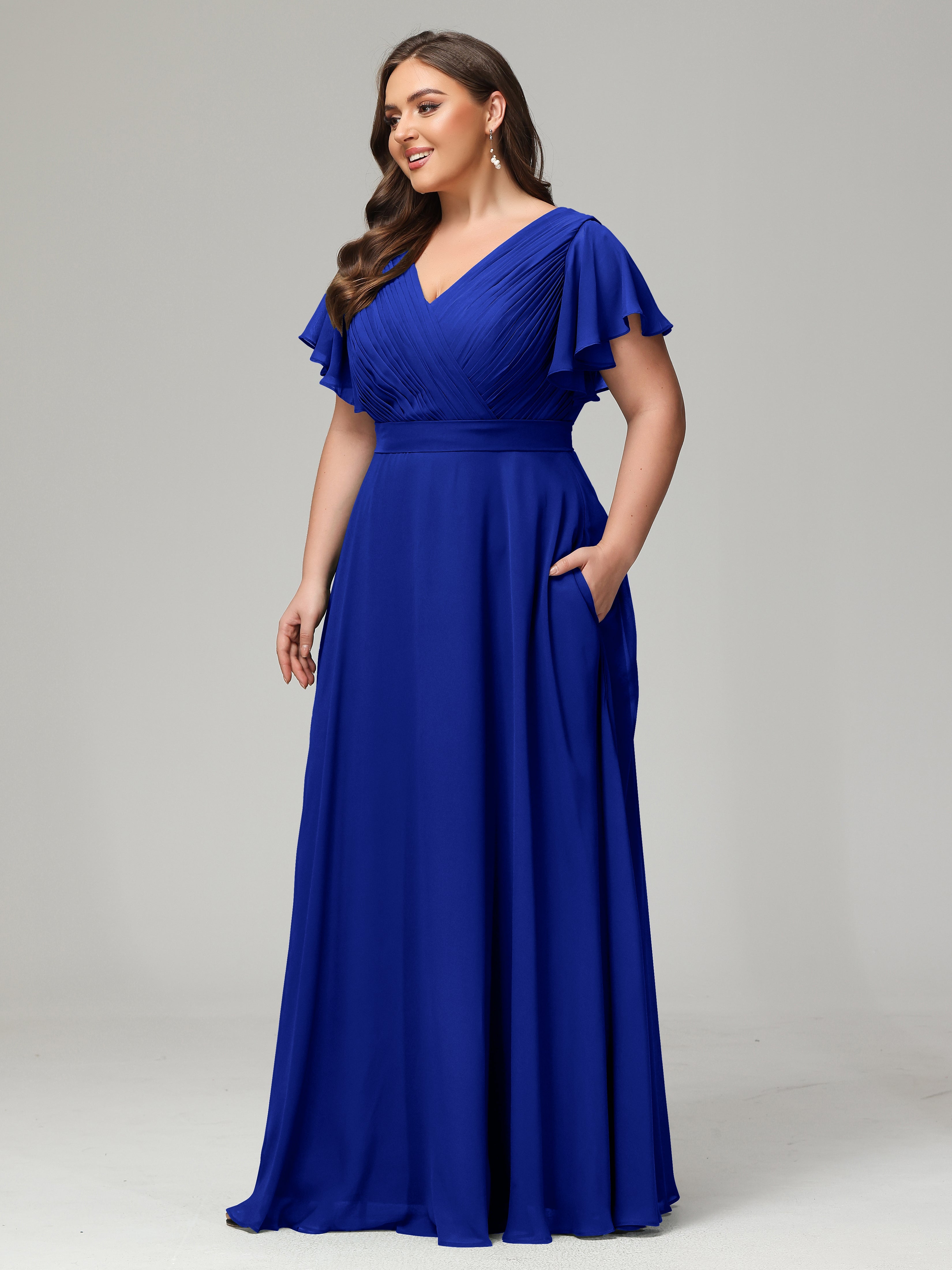Demoiselle D'Honneur Bleu Royal Grande Taille Dos En V Manches Courtes Mousseline