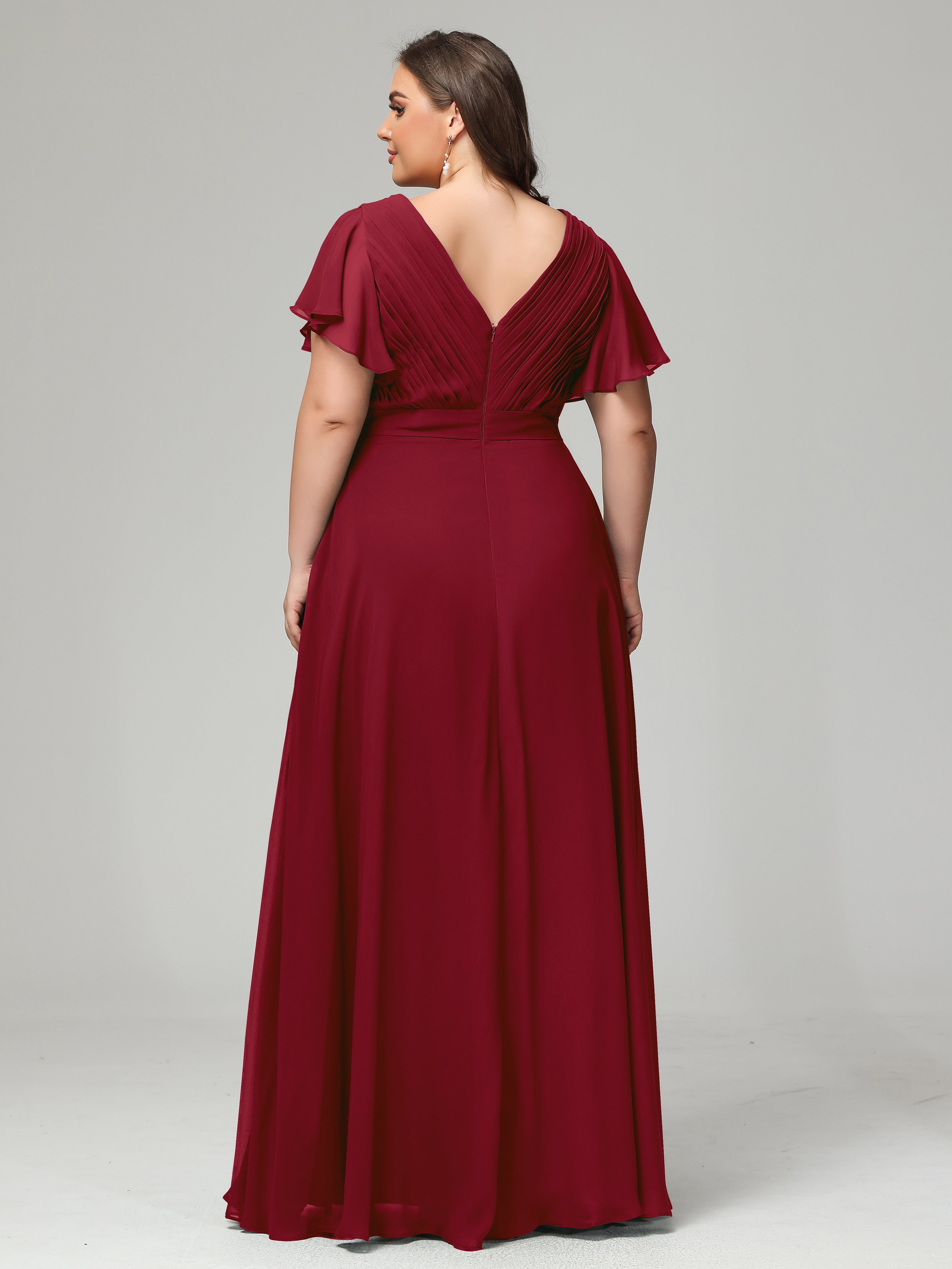 Robes De Demoiselle D'Honneur Bordeaux Grande Taille Dos En V Manches Courtes Mousseline