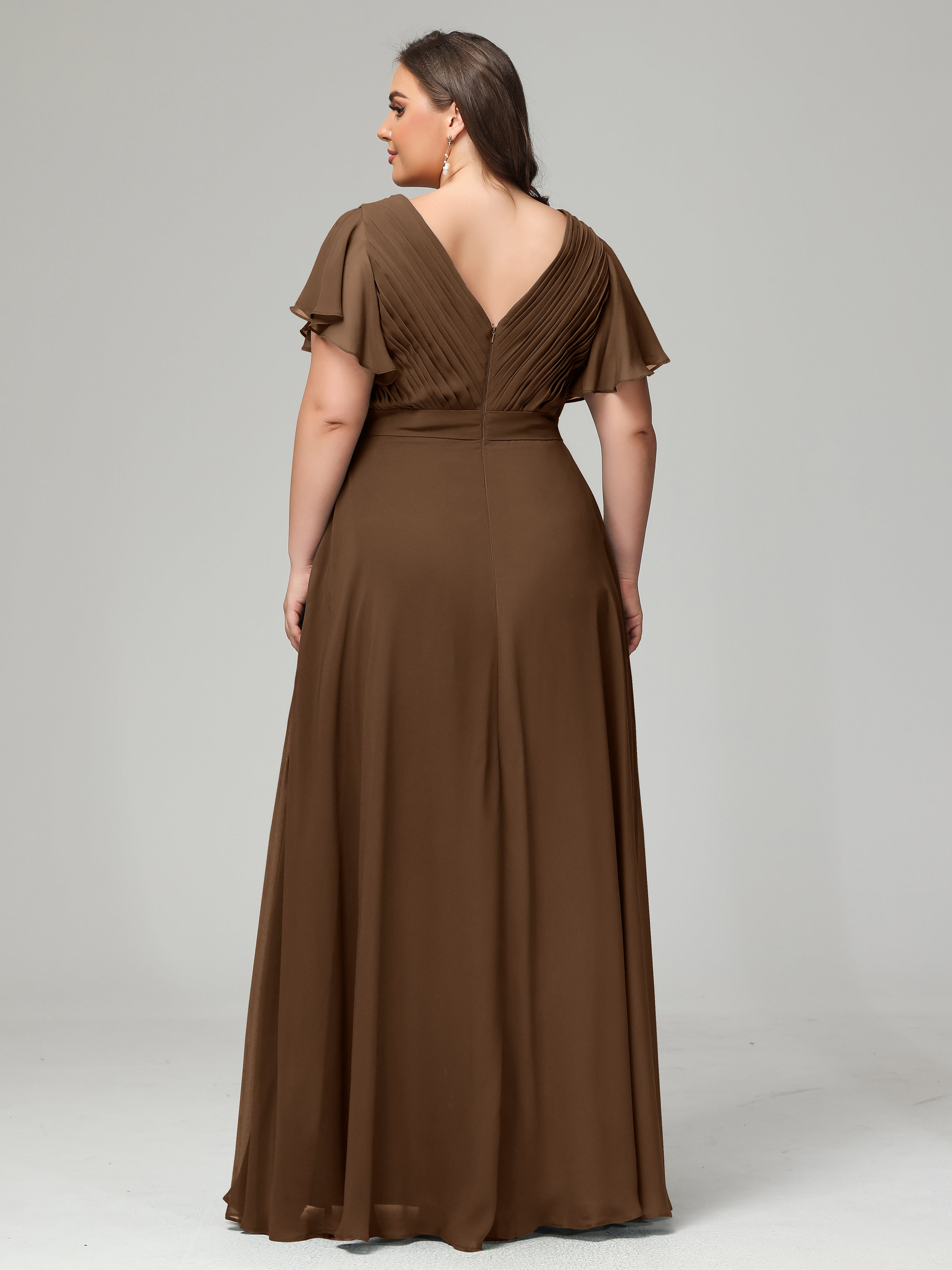 Robes De Demoiselle D'Honneur Brun Grande Taille Dos En V Manches Courtes Mousseline