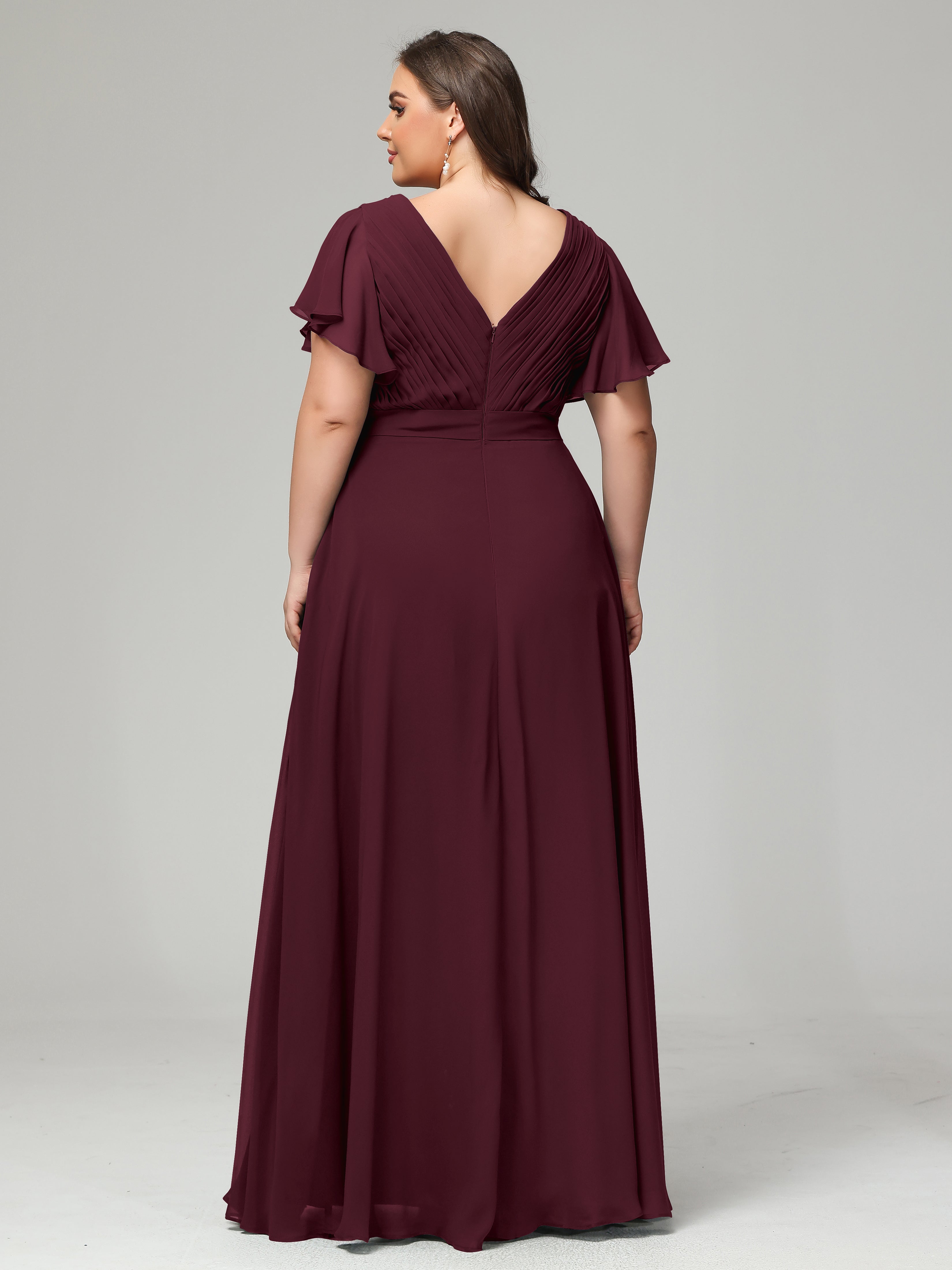 Robes De Demoiselle D'Honneur Cabernet Grande Taille Dos En V Manches Courtes Mousseline