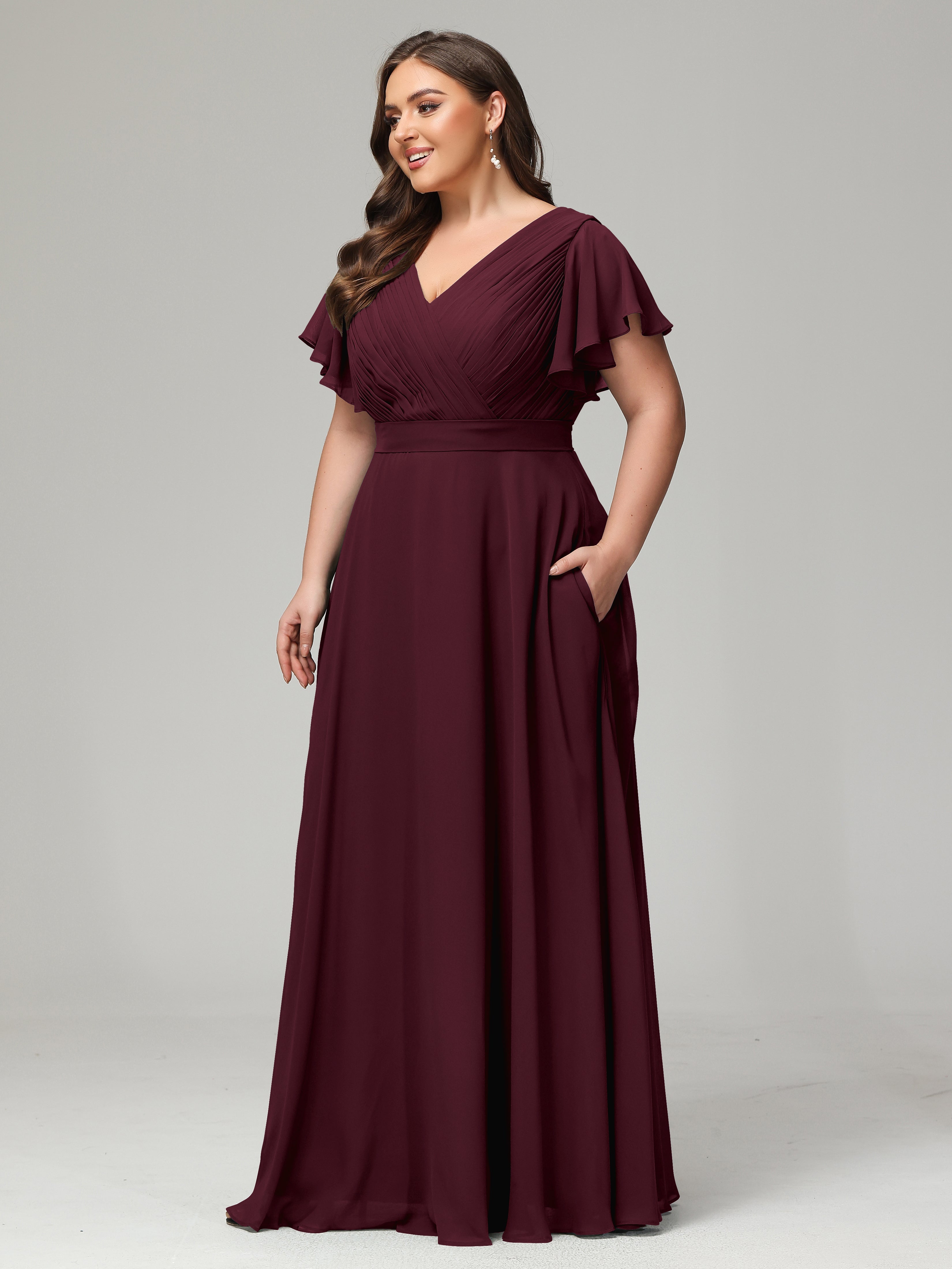 Robes De Demoiselle D'Honneur Cabernet Grande Taille Dos En V Manches Courtes Mousseline