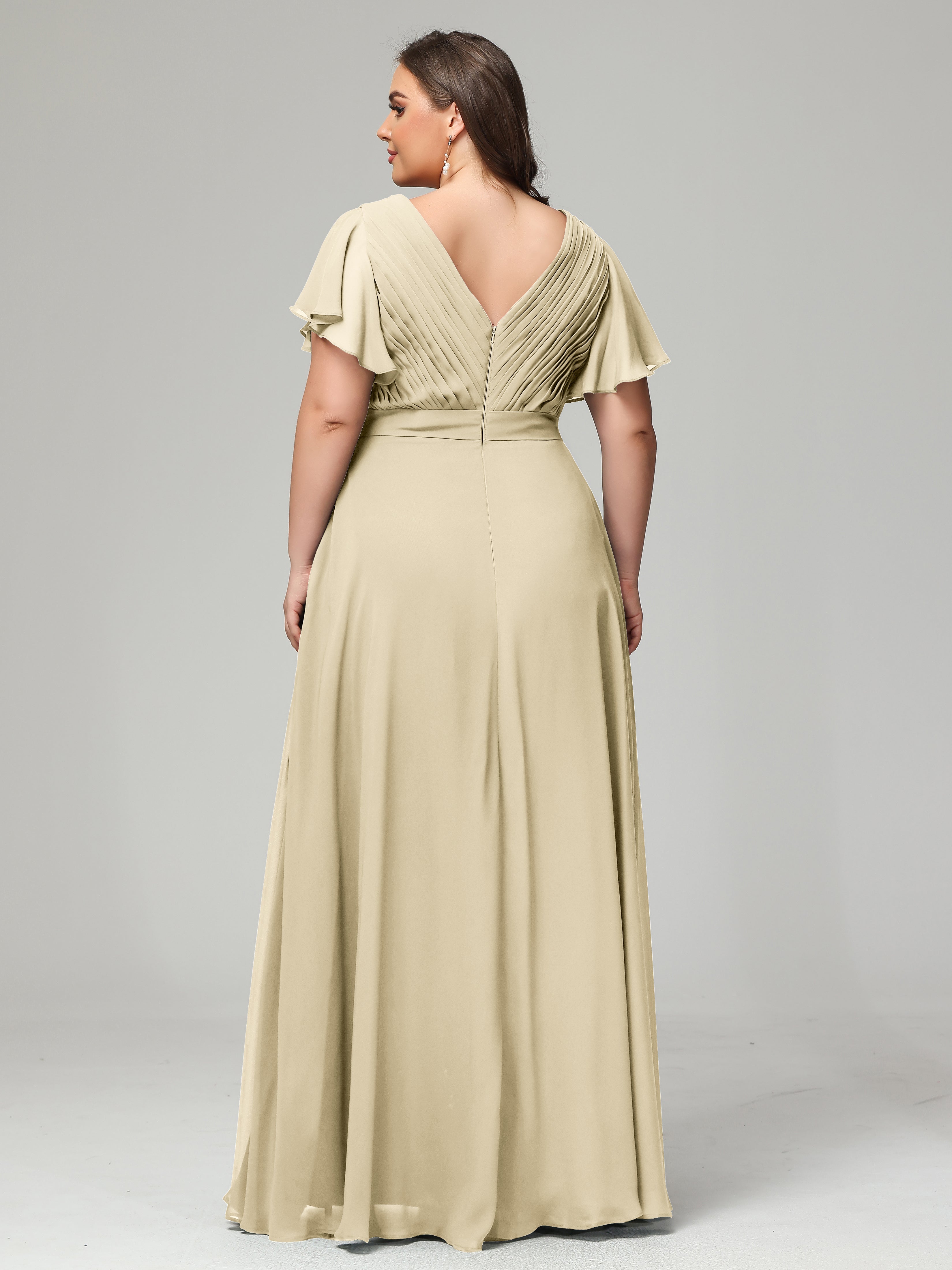 Robe De Demoiselle D'Honneur Champagne Grande Taille Dos En V Manches Courtes Mousseline