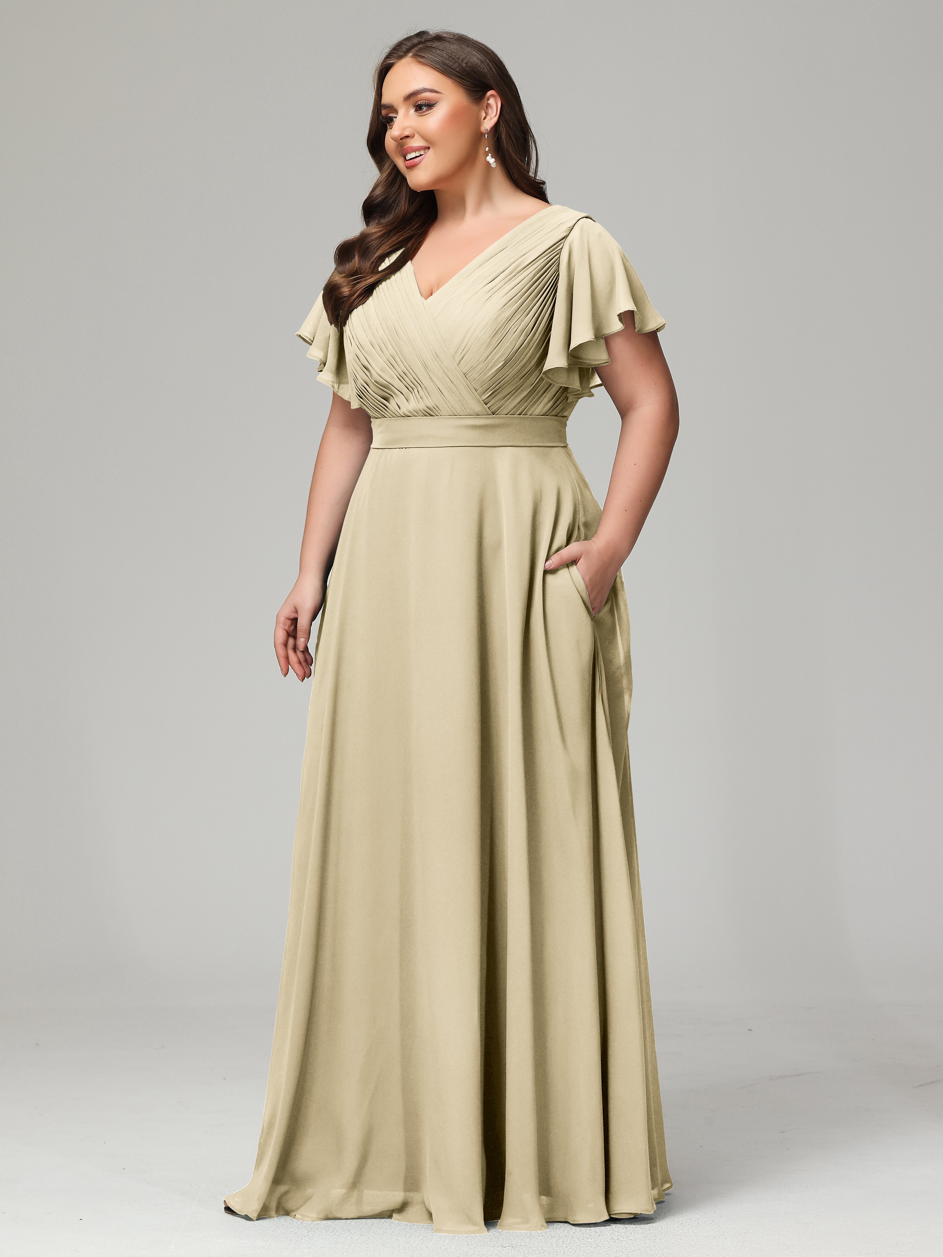 Robe De Demoiselle D'Honneur Champagne Grande Taille Dos En V Manches Courtes Mousseline